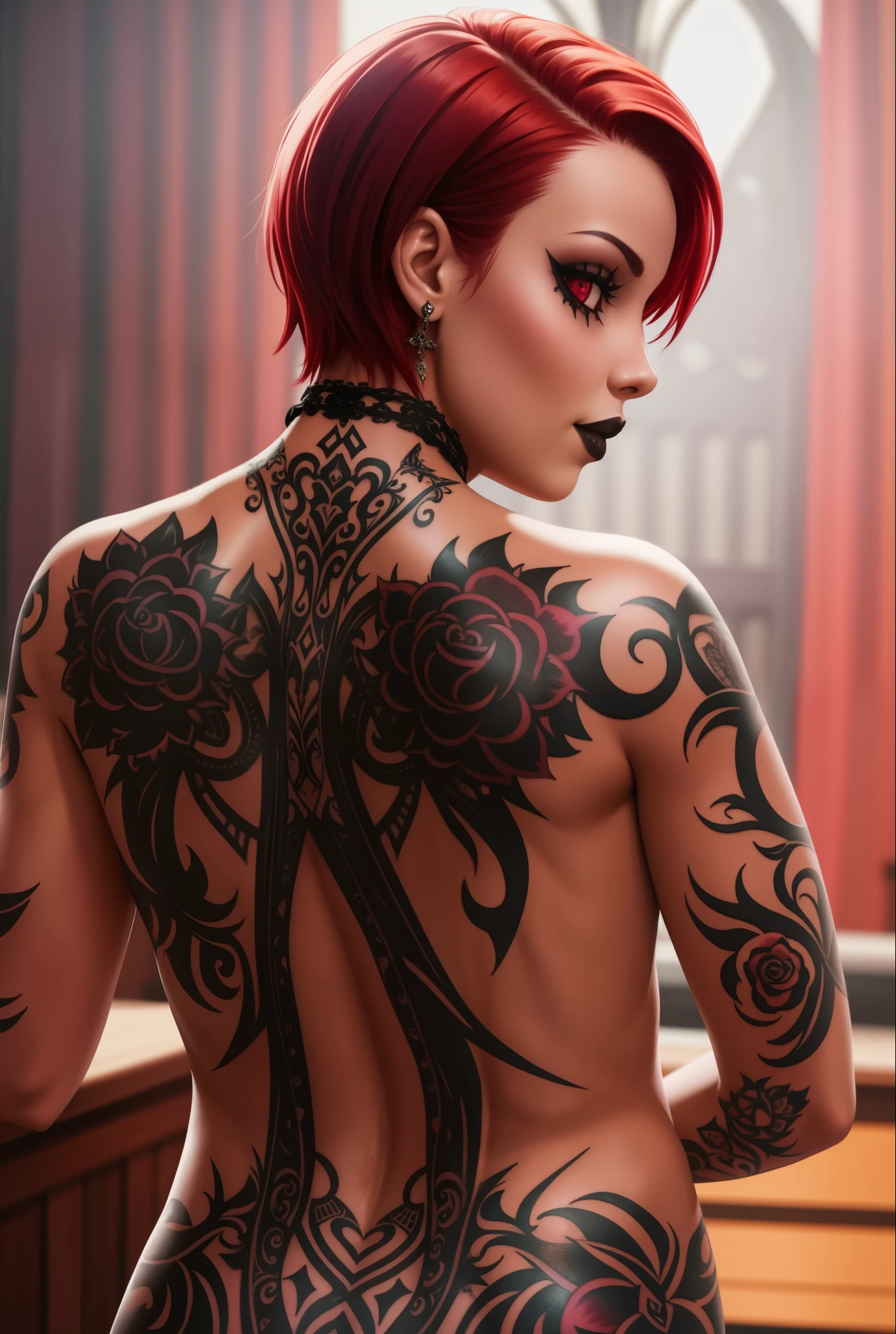 woman with a gothic tattoo on her back, back tattoo,gothic tattoos, short crimson hair, topless