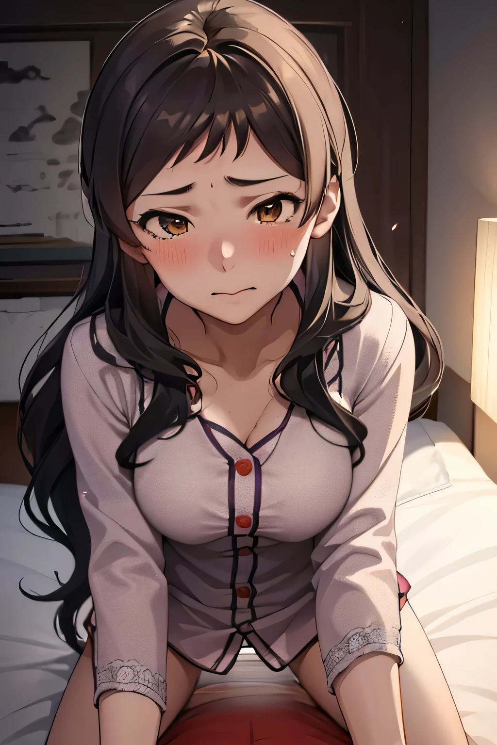 Shiho Kitazawa，18 year old beautiful girl, masterpiece, highest quality, 1 girl, Bedroom，pajamas，Sexual buttocks，bed，dark lighting，Sweat particles，shed tears，blush，Uplifting，move violently，middle aged male，Cowgirl