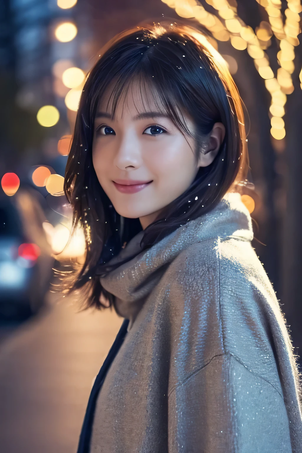 1 girl, (wear winter clothes:1.2),
(Raw photo, highest quality), (realistic, Photoreal:1.4), table top,
very delicate and beautiful, very detailed, 2k wallpaper, wonderful, finely,
very detailed CG Unity 8K 壁紙, Super detailed, High resolution, soft light,
beautiful detailed girl, very detailed目と顔, beautifully detailed nose, detailed and beautiful eyes, cinematic lighting,
Winter Night View, Roadside trees in Roppongi Hills with lots of illuminations, It's snowing,
perfect anatomy, slender body,
straight semi-long hair, bangs, looking at the viewer, slight smile