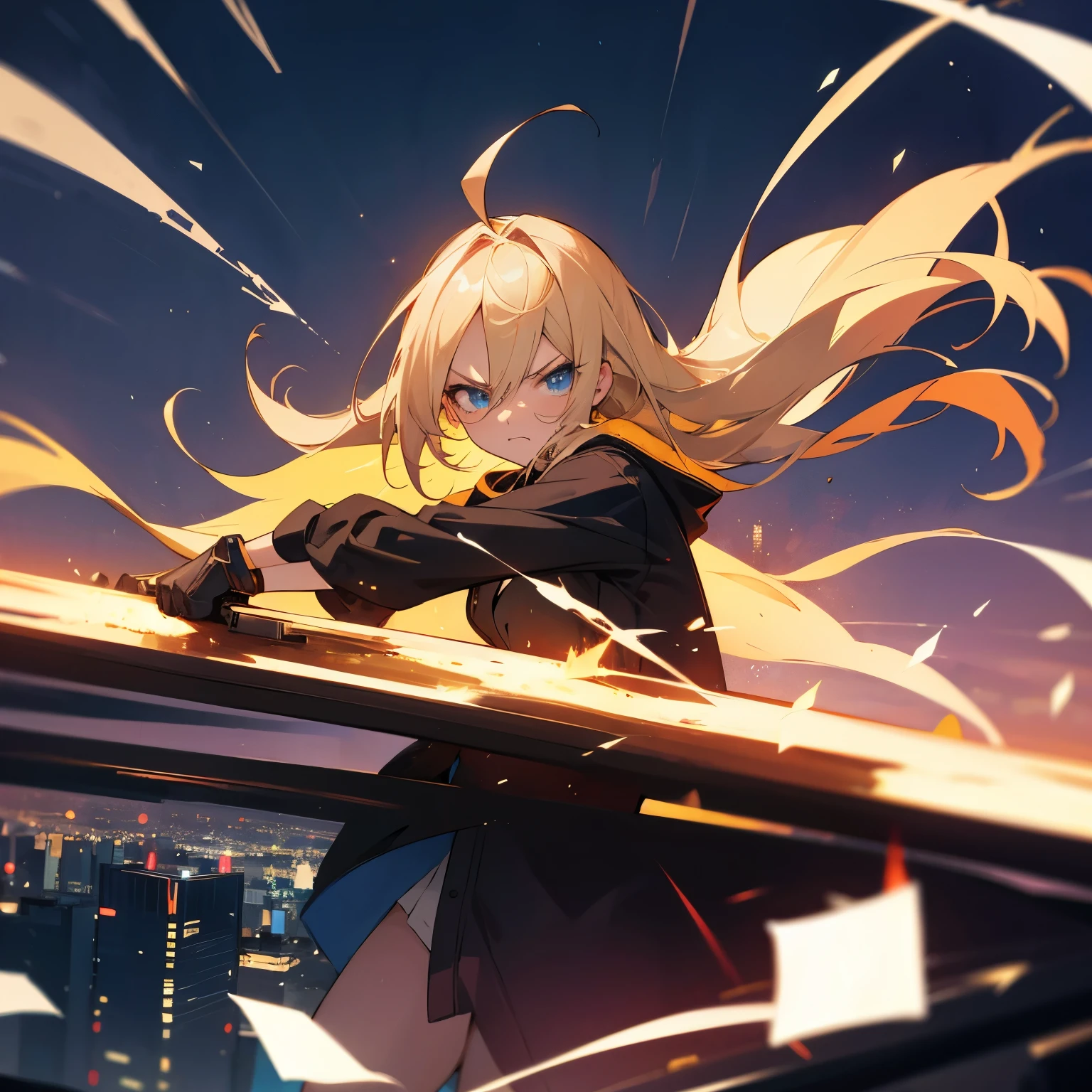 Create the image of a blonde anime girl with an angry expression and put a city at night in the background
