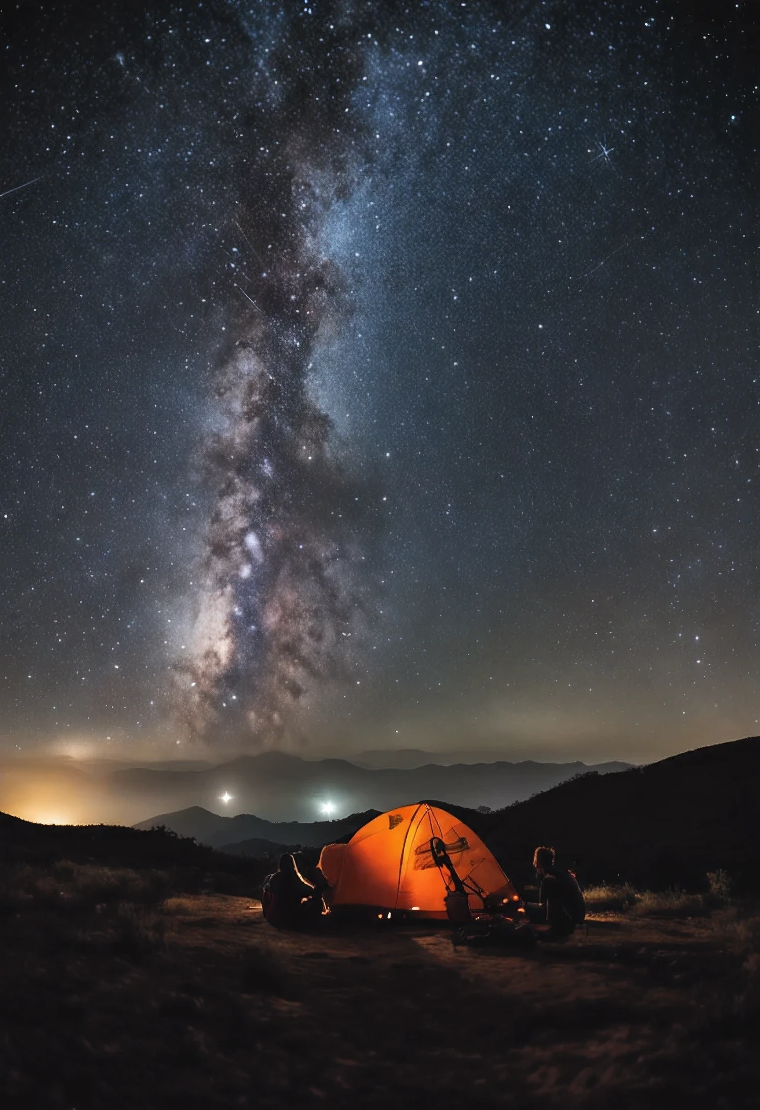 Capture the magical moment when a group of friends camp under a starry sky and the Milky Way unfolds in a light show in the firmament. As chamas crepitantes de uma fogueira aquecem a cena, enquanto os amigos compartilham risos e olhares maravilhados. The shadows of the trees dance softly around, and one of his friends strums a guitar, adding a soft soundtrack at night. The stars shine brightly in the sky, with the Milky Way painting a luminous arc from end to end. Each friend is wrapped in a sleeping bag, looking up at the sky with wonder and serenity. The atmosphere is one of serenity, Friendship and connection with the cosmos.