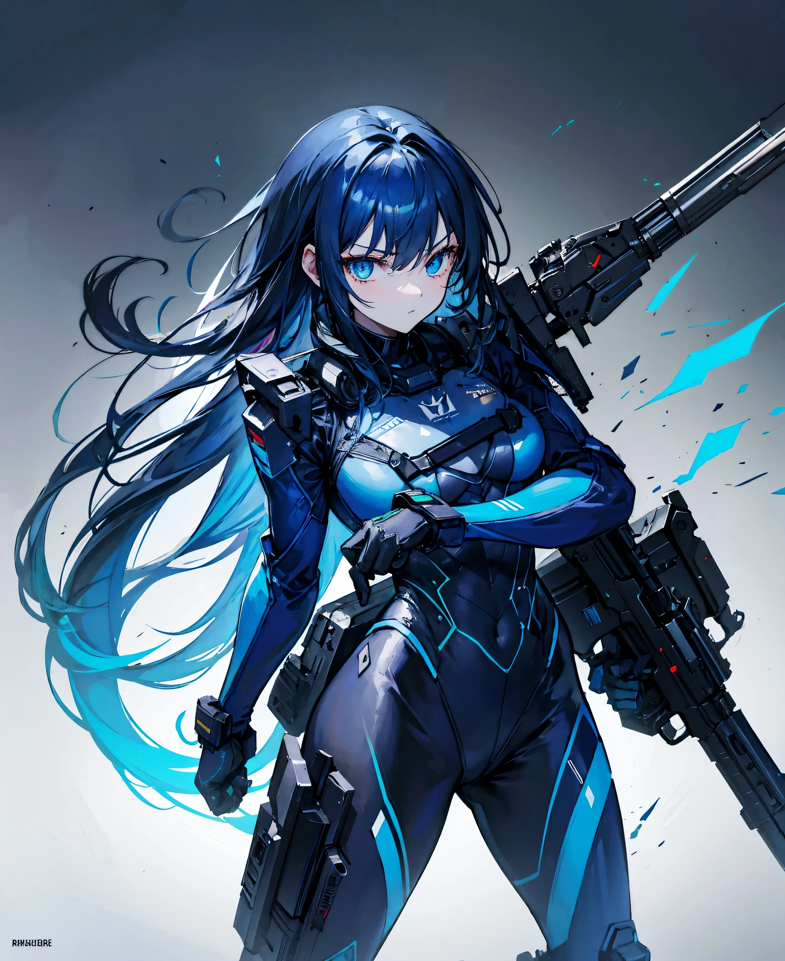 no background,girl,carry a firearm,Enamel-like tight suit,use of firearms,dark blue long hair,attention arousal,blue colored eyes,no gradation