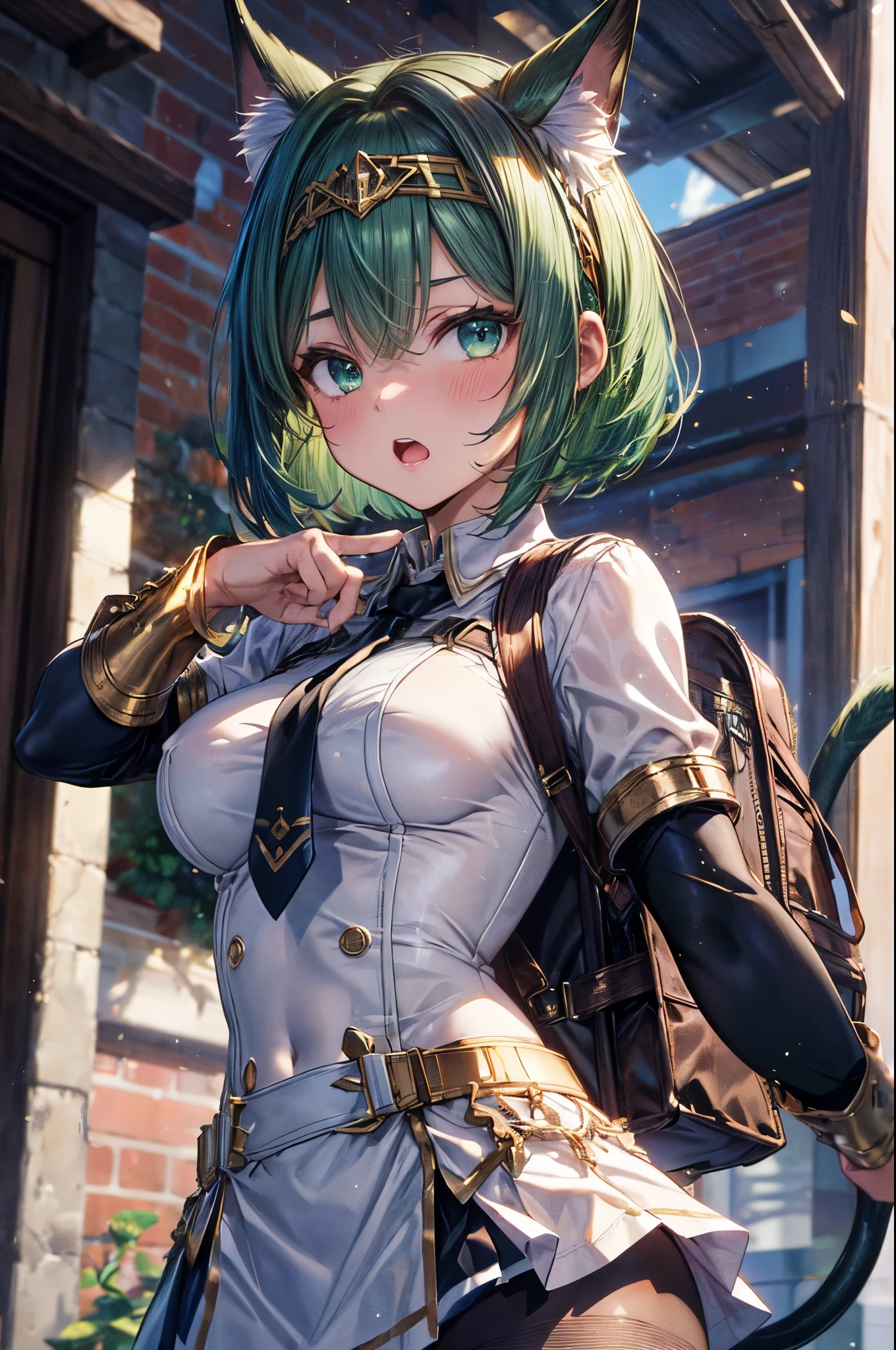 ((golden wide simple headband)), mechanical knee joint, ((triangle shaped tie)), ((black pantyhose)), anime catgirl, ((deltamon_beta:1.5)), (carrying a backpack), (a tail growing from the butt), break, short hair, ((green hair1.5)), (cat ears a green), bob cut, 4 defined fingers, 1 defined thumb, (looking at viewer), break, sexy, ((solo)), (1 woman), ((25 years old)), ((highest quality)), ((masterpiece)), (familiar),  skindentation, perfect face, 8k , (upper body:1.5), break,((metallic costume)), break, blue eye, beautiful princess, embarrassed, medium breasts, perfect limbs, (visible nipples:0.5), (camel toe:0.5), sexy, (sexy pose), , (dutch angle), ((Pure white uniform and miniskirt a black)), from below, ((School courtyard at midday)), breast focus, dynamic pose,