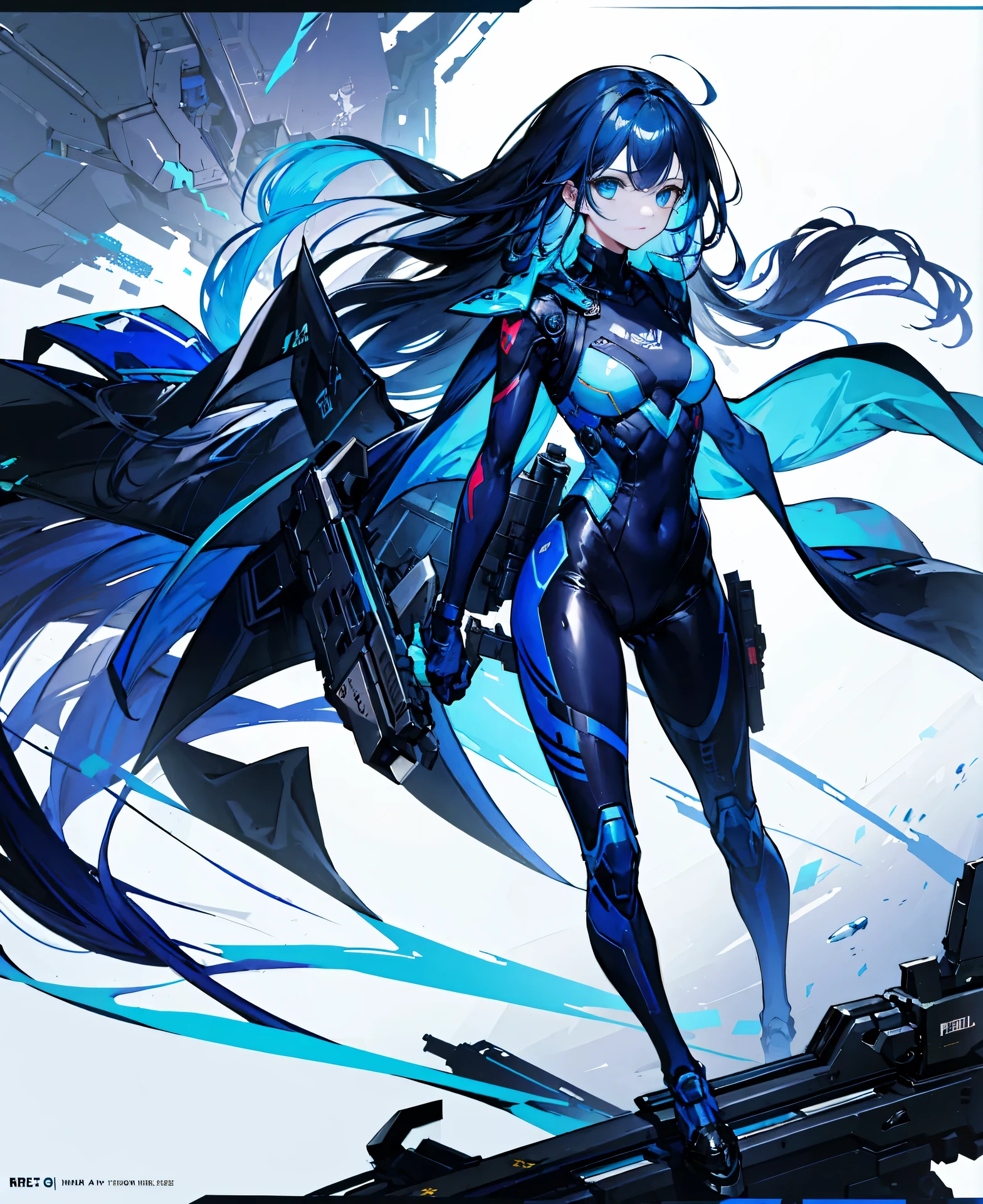 no background，girl，carry a firearm，Enamel-like tight suit，use of firearms，dark blue long hair，attention arousal，blue colored eyes,no gradation