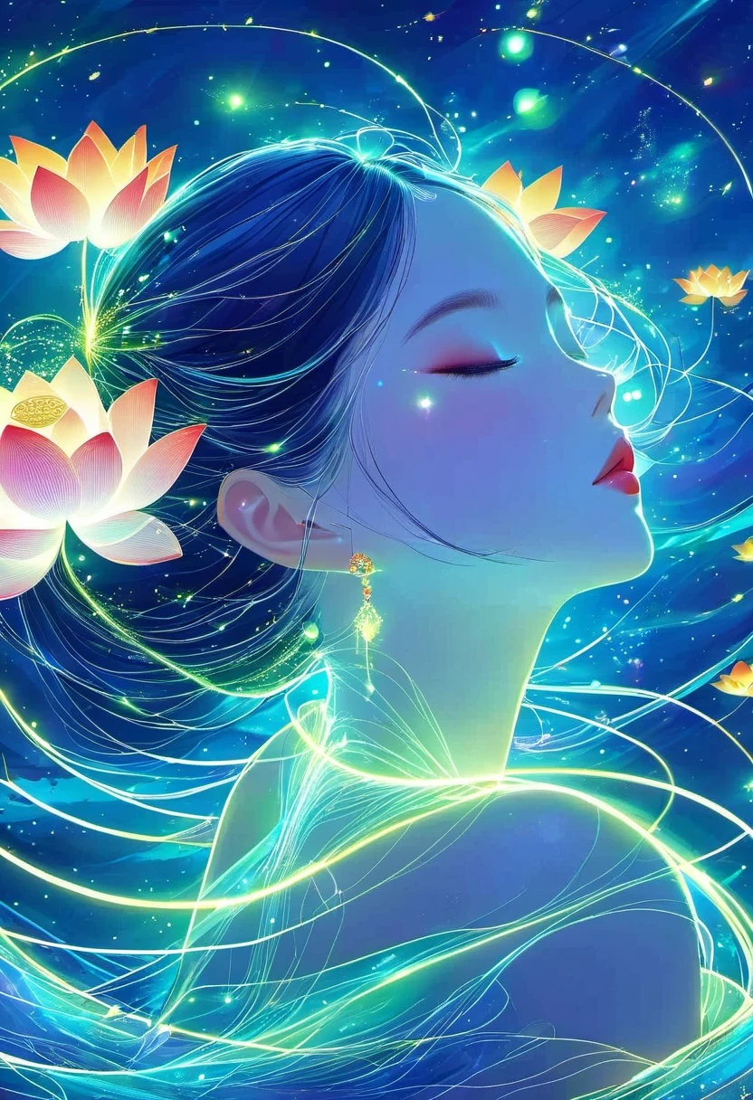 (masterpiece, best quality:1.2), digital art style, charming illustration,Peace pictures,1 girl, Wearing lotus on head,alone,body glow,glowing line,fluorescence,Luminous example,Tracking example,flash,萤light particles,backlight,translucent,light particles,correct human anatomy,