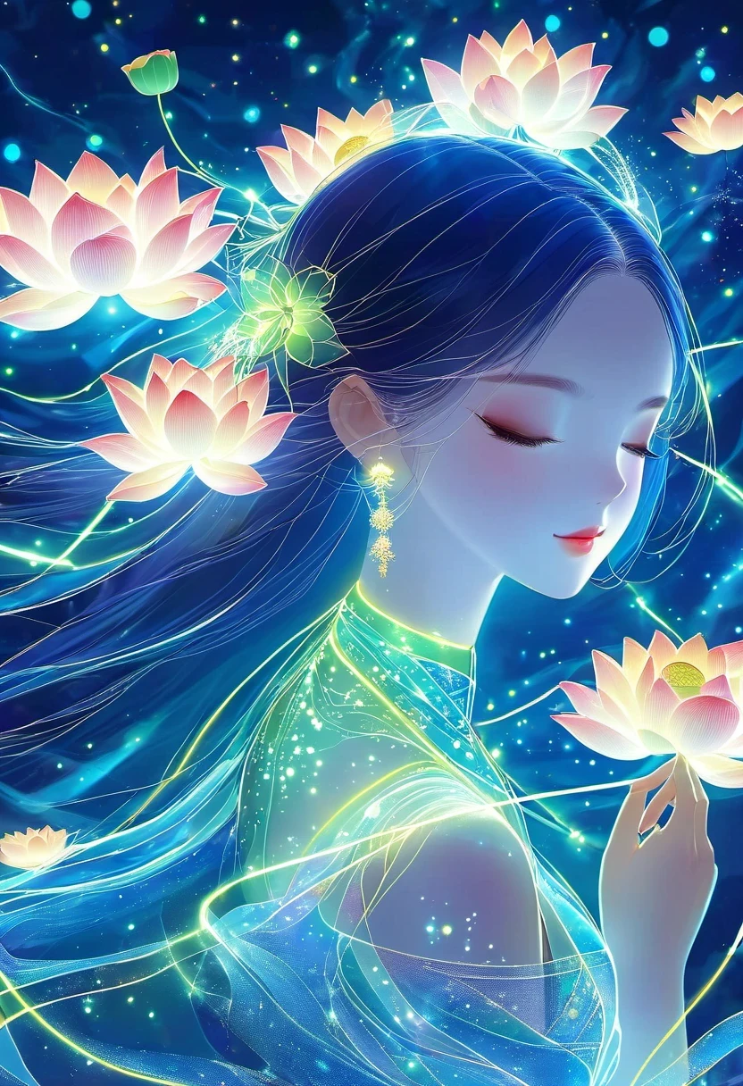 (masterpiece, best quality:1.2), digital art style, charming illustration,Peace pictures，1 girl, Wearing lotus on head，alone，body glow，glowing line，fluorescence,Luminous example，Tracking example，flash，萤light particles，backlight，translucent，light particles，correct human anatomy，