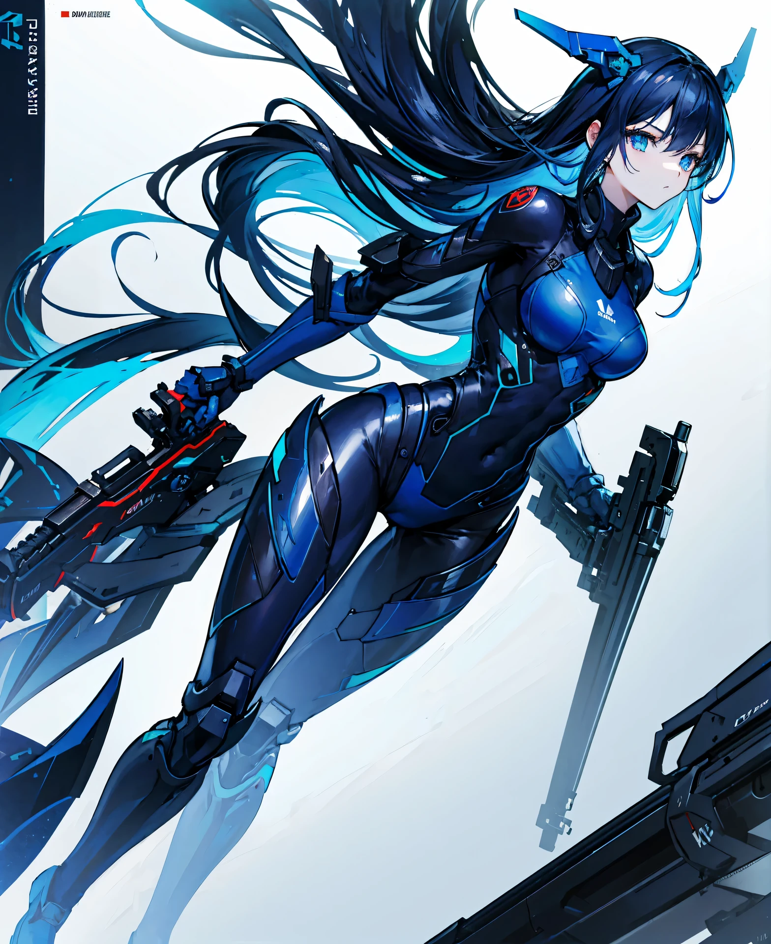 no background，girl，carry a firearm，Enamel-like tight suit，use of firearms，dark blue long hair，attention arousal，blue colored eyes,no gradation