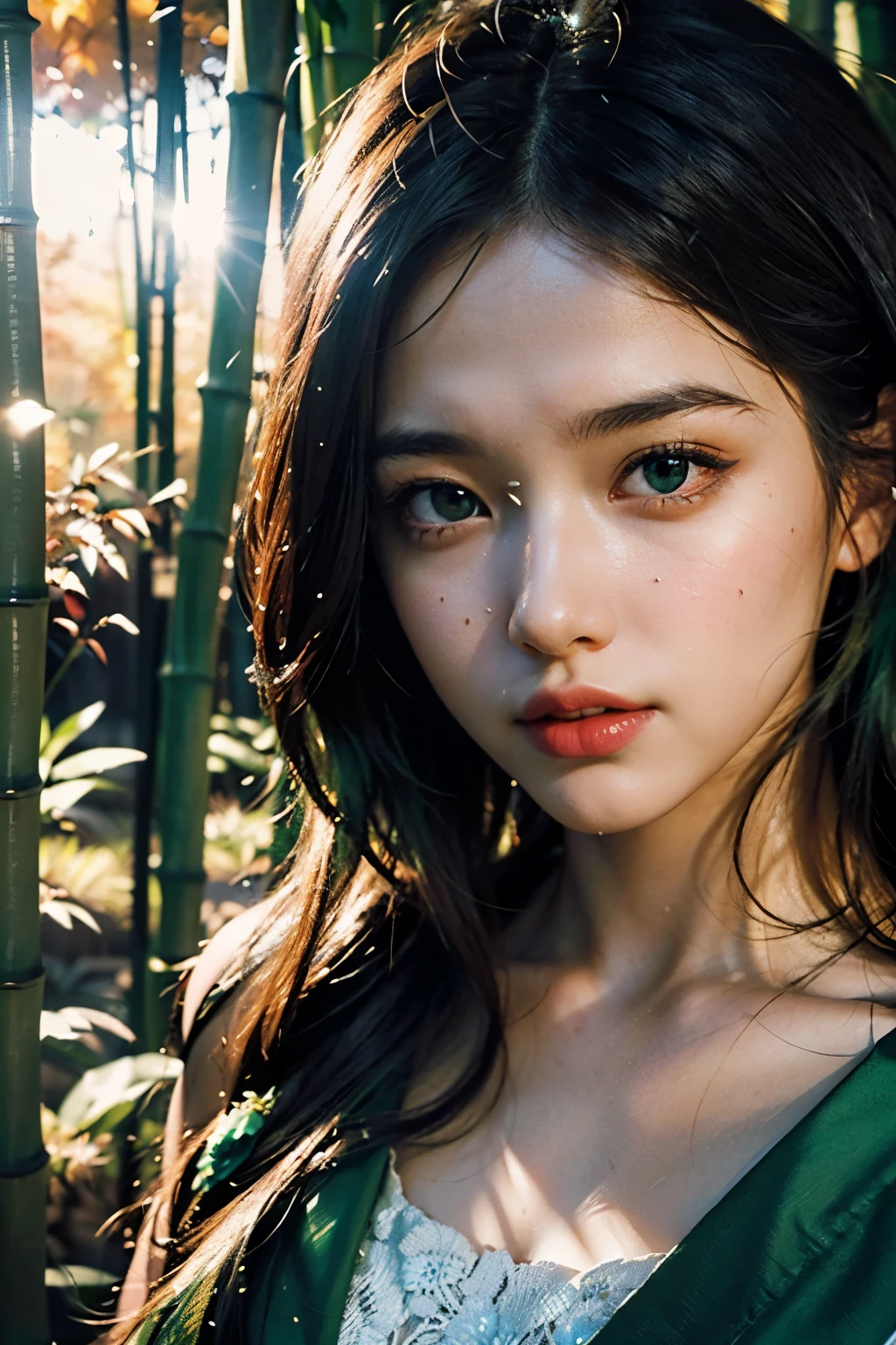 a beautiful and delicate girl, Clear and beautiful, focus on the character, radiant skin, woman, 20 years old, ((长long绿色hair：2))，beautiful green glass hair， ((Japanese shrine costumes, metal armor）) ，((Autumnal，Green bamboo forest))，Beautiful details, cold face, cold expression,mature skin, Very good 8KCG wallpaper, official art， Super detailed， Beauty and Aesthetics， masterpiece， best quality， （zen entanglement， Tangled），（fallen flowers：1.2）， dynamic poses，绿色飘逸的hair，Classical era，（"ancient rome" theme：1.1），meteor，starry sky，Milky Way，（original photo，best quality），（realistically，Shoot real：1.3），best quality，Very detailed，masterpiece，Ultra-detailed，Enlightenment，Body的上半部分_Body，dynamic angle，World Masterpiece Theater，messy_long_hair，best quality，Extremely detailed CG unity 8k wal，ink，amazing，movie lighting，lens_flare，
