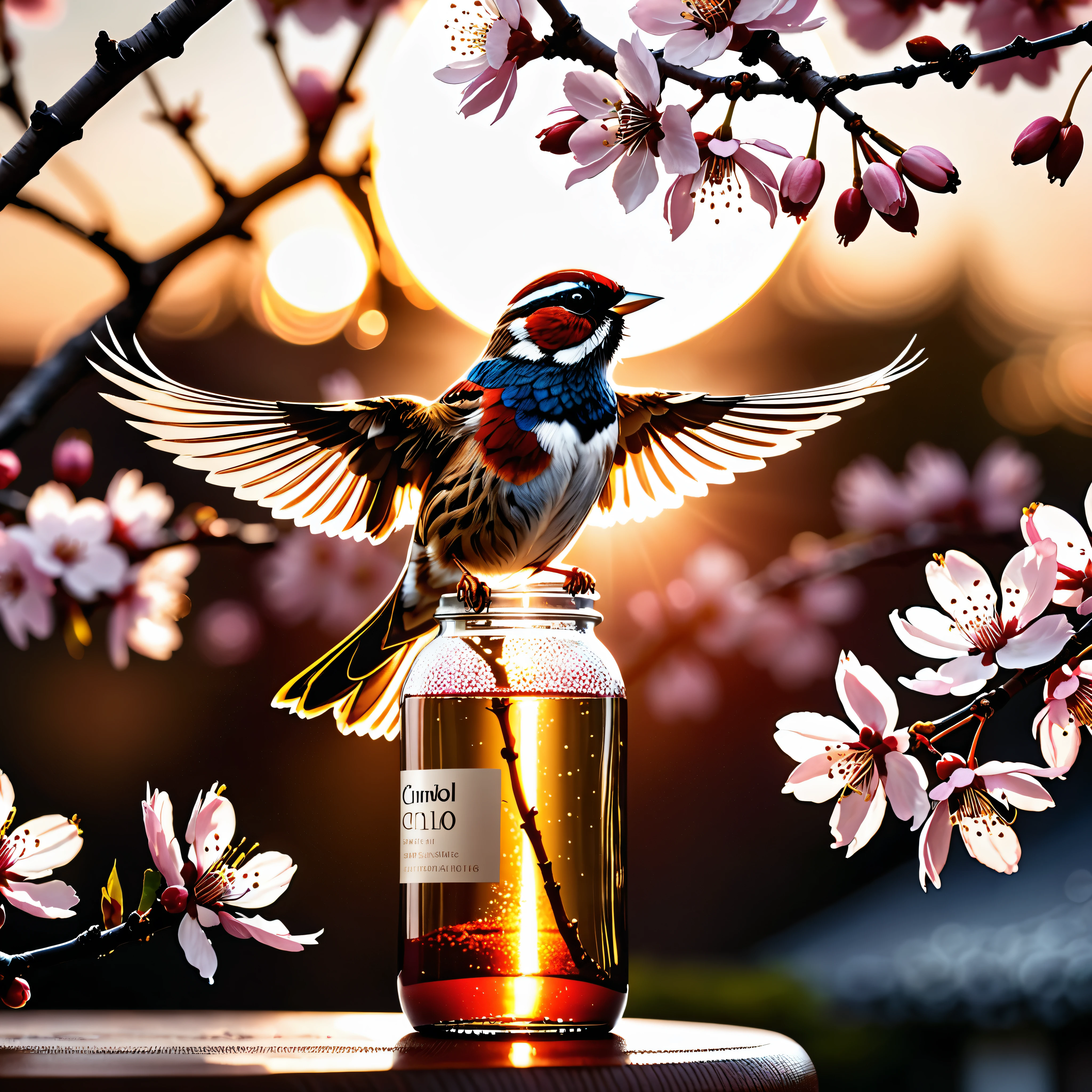 sunset "Sparrow bird with open wings spread upwards perched on a cherry blossom branch, top tmasterpiece of superior high-quality, officially beautiful art and aesthetics, realistic and detailed, yang08k." on sakura tree in a bottle, fluffy, atmospheric light refraction, by lee jeffries nikon d850 film stock photograph 4 kodak portra 400 camera f1.6 lens rich colors Ultra Professional PhotoRealistic epic lifelike texture dramatic lighting trending on cinestill 800, Style-Glass, ((UnrealEngine5 ultra best quality, detailed, ultra sharp, ultra high-resolution, ultra high-definition, UHD, HDR, vibrant DSLR vivid)), colorful lighting, reflection, varies multi etc. --v6 --s1000 --c20 --q5 --chaos100