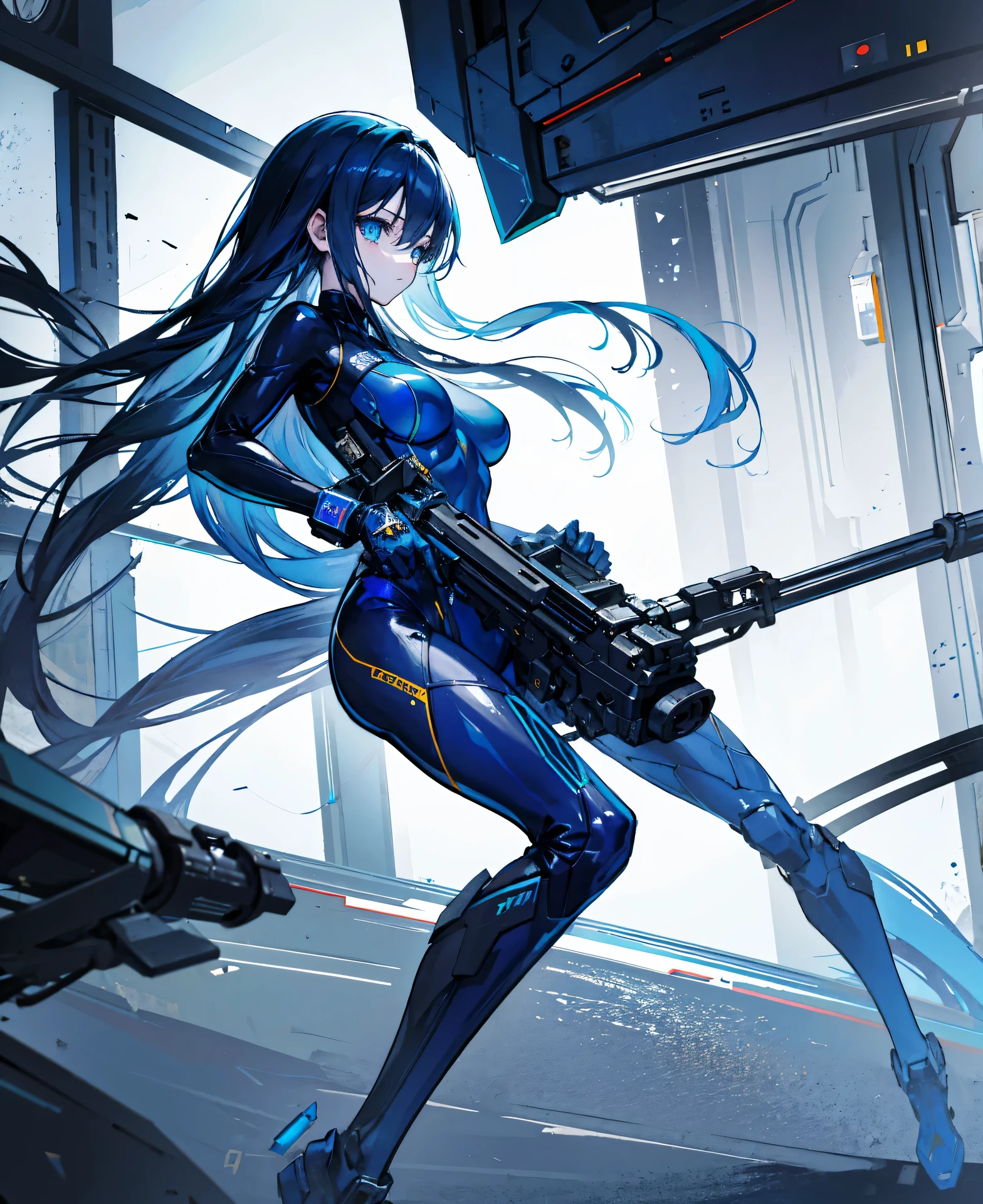 no background，girl，carry a firearm，Enamel-like tight suit，use of firearms，dark blue long hair，attention arousal，blue colored eyes,no gradation