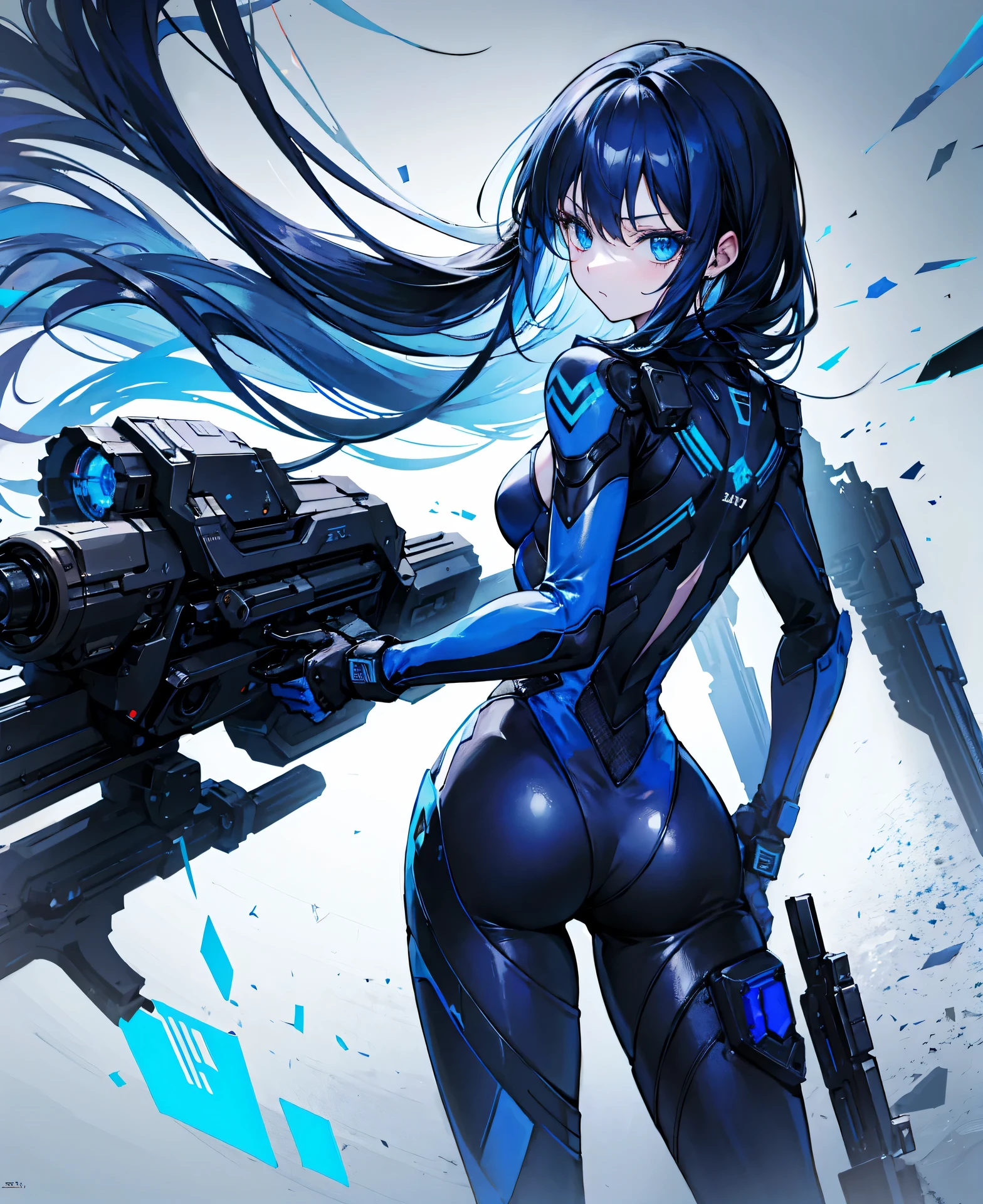 no background,girl,carry a firearm,Enamel-like tight suit,use of firearms,dark blue long hair,attention arousal,blue colored eyes,no gradation