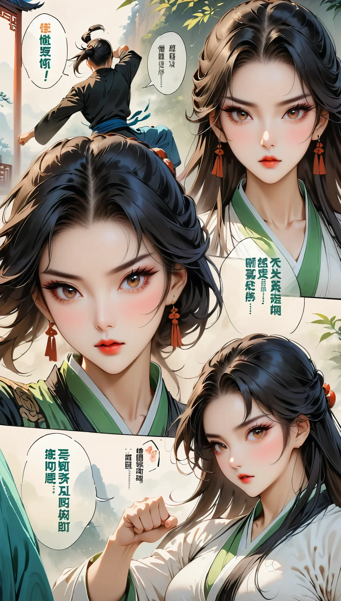 (masterpiece, best quality:1.2),martial arts风格,Chinese comics,martial arts,(beautiful girl),(tiger and girl meet),(girl aggressive moves)