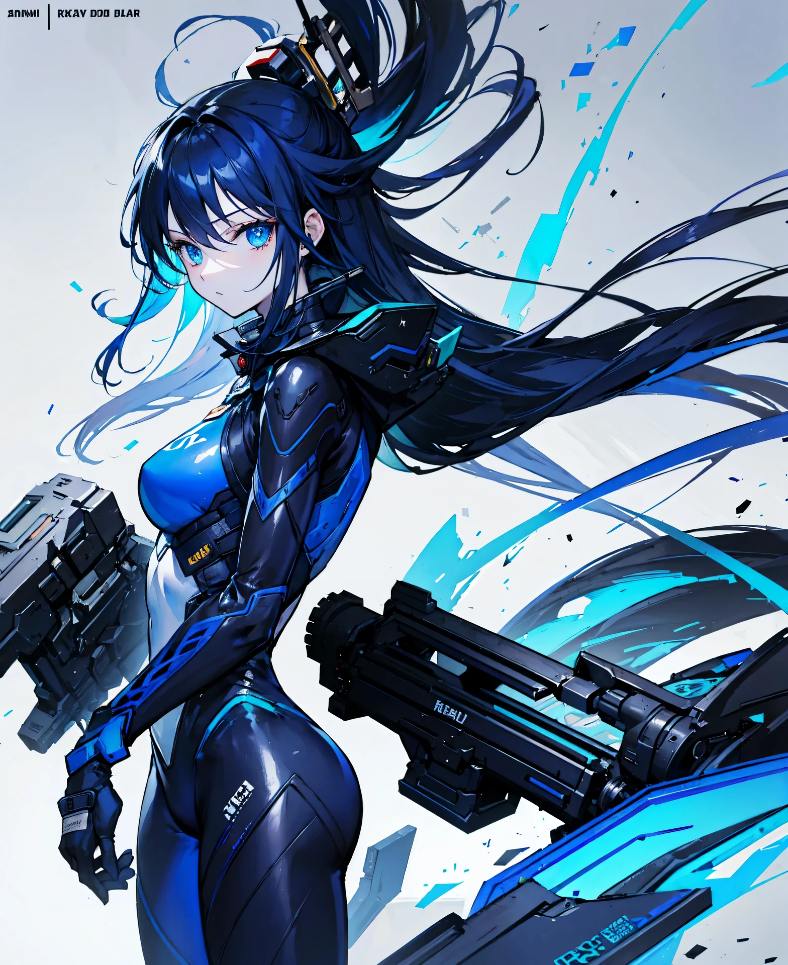 no background，girl，carry a firearm，Enamel-like tight suit，use of firearms，dark blue long hair，attention arousal，blue colored eyes,no gradation