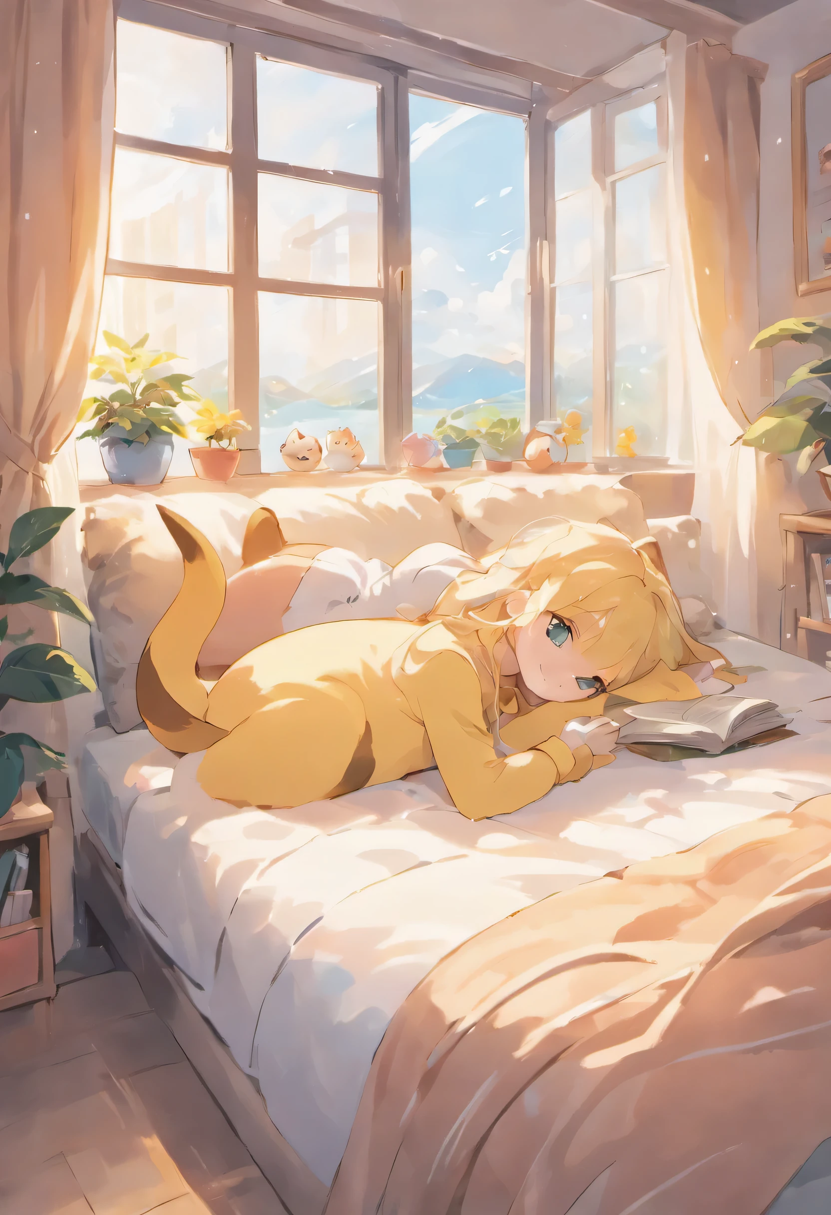 Anime girl lying on bed，There is a cat and a book in front of the window, anime atmosphere, commend girl, anime aesthetics, commend art, Relaxed atmosphere, commend artstyle, relax, rainy afternoon, commend girl aesthetic, fantasy illustration, commend feel, guweiz style artwork, happy and warm feeling, anime aesthetics, commend