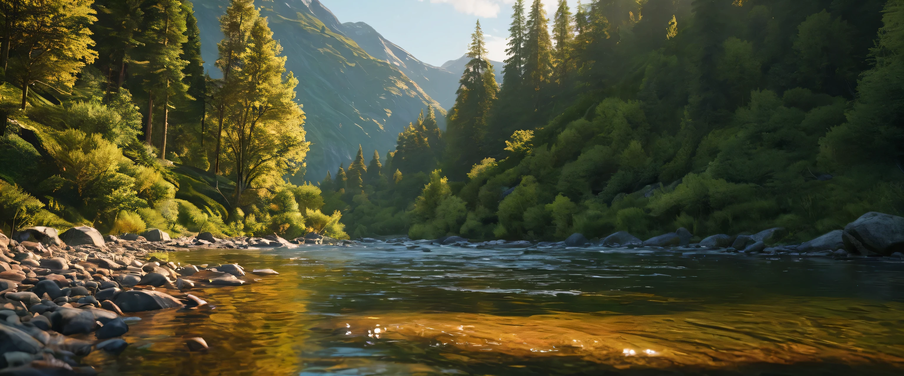 (best quality,8k,highres:1.2),(hyperrealism:1.1),vibrant colors,sharp focus,insanely detailed,(2k1:1.1) style landscape scene,ultra-detailed rendering,impressively lifelike,rich and dynamic colors,epic beauty,meticulous composition of elements,lush greenery,breathtaking mountain range,stunningly realistic textures,crystal-clear river flowing through the scene,sunlit sky casting warm golden light,impressive level of intricate details,perfectly captured reflections,flawlessly executed lighting and shadows,immersive sense of depth and dimensionality,extraordinary level of realism creating a mesmerizing visual experience.