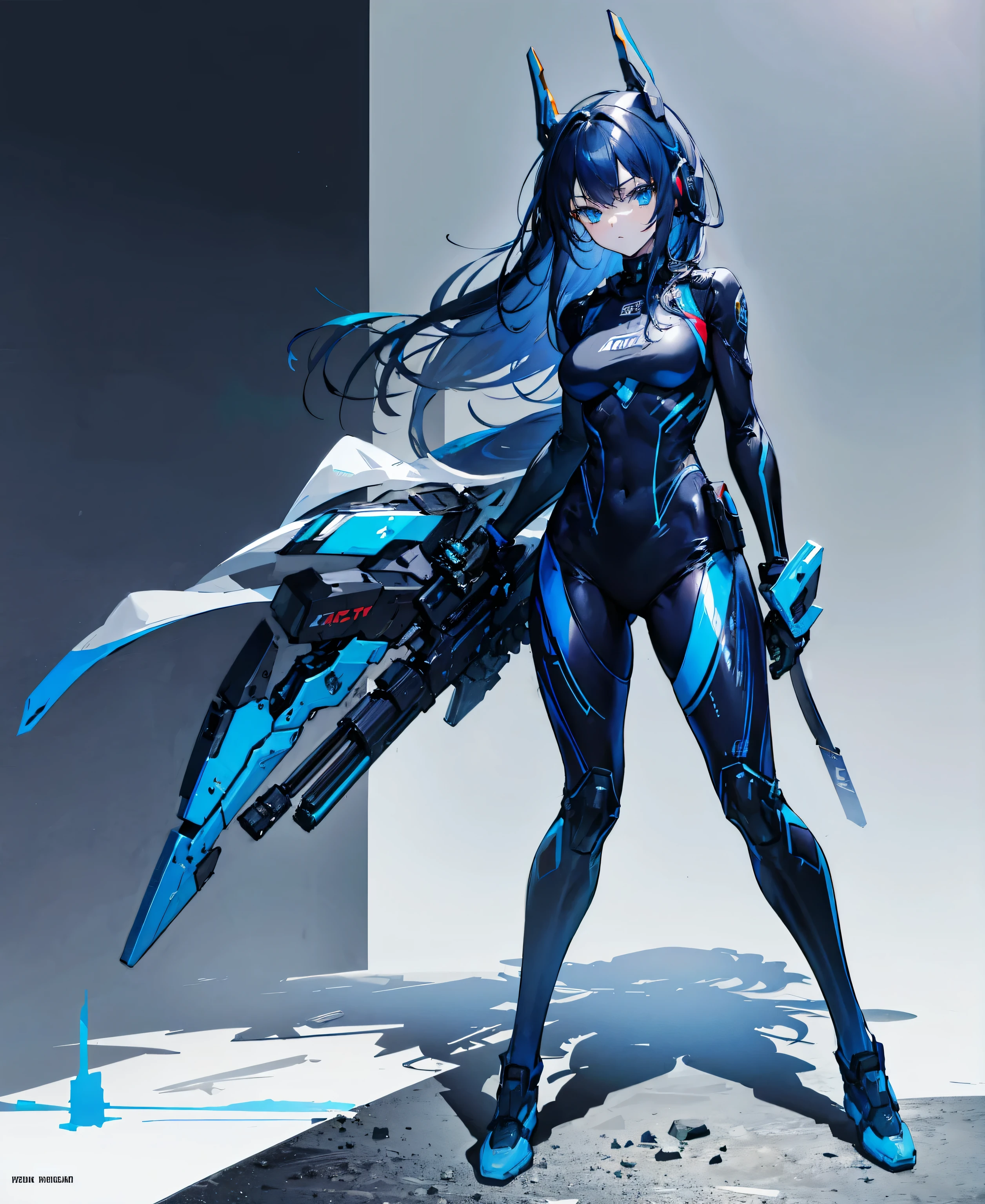 no background,girl,carry a firearm,Enamel-like tight suit,use of firearms,dark blue long hair,attention arousal,blue colored eyes,no gradation
