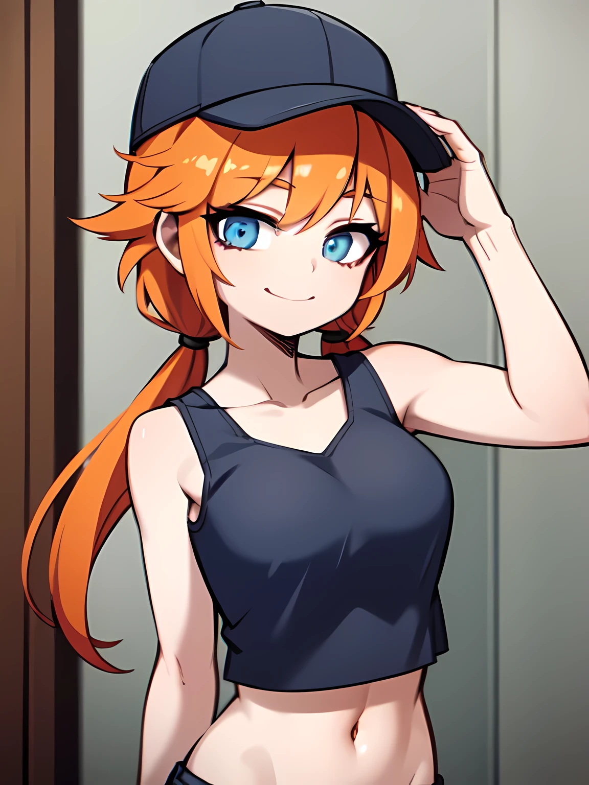 1girl,solo,upper body,looking at viewer,facing viewer,low twintails,orange hair,blue eyes,parted bangs,red hairtie,gray crop top,denim shorts,green baseball cap,hair pulled back,smile