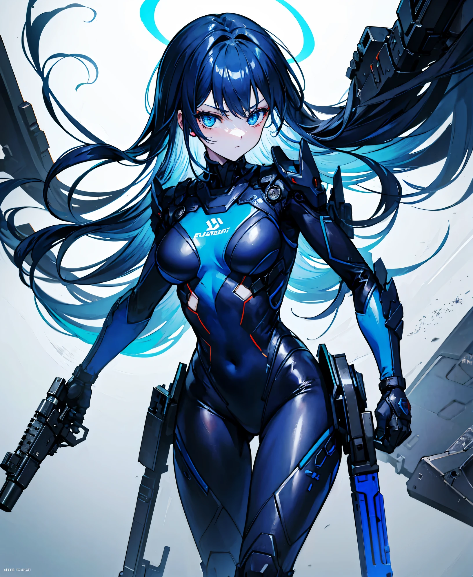 no background，girl，carry a firearm，Enamel-like tight suit，use of firearms，dark blue long hair，attention arousal，blue colored eyes,no gradation