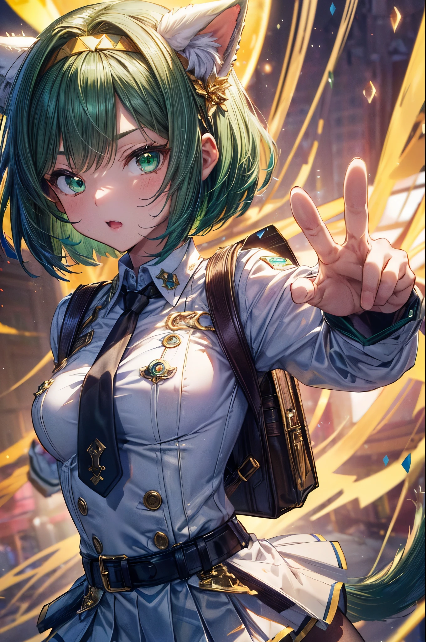 ((golden headband)), mechanical knee joint, ((triangle shaped tie)), ((black pantyhose)), anime catgirl, ((deltamon_beta)), (carrying a backpack), (thin cat tail a green), break, short hair, ((green hair1.5)), (cat ears a green), bob cut, 4 defined fingers, 1 defined thumb, (looking at viewer), break, sexy, ((solo)), (1 woman), ((25 years old)), ((highest quality)), ((masterpiece)), (familiar), skindentation, perfect face, 8k , (upper body), break,((metallic costume)), break, blue eye, beautiful princess, embarrassed, medium breasts, perfect limbs, (visible nipples:0.7), (camel toe:0.5), sexy, (sexy pose), , (dutch angle), ((Pure white uniform and miniskirt)), from below,