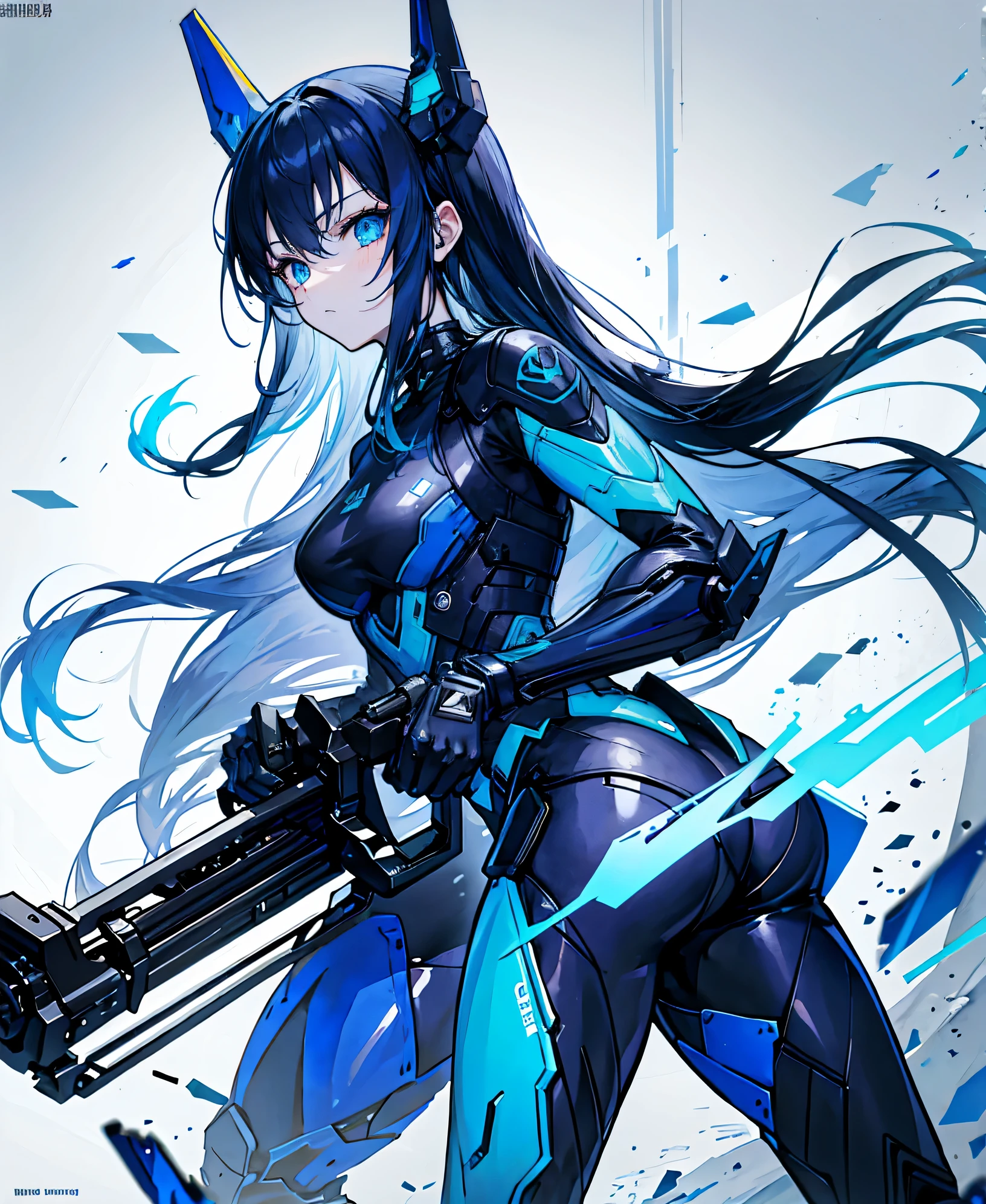 no background,girl,carry a firearm,Enamel-like tight suit,use of firearms,dark blue long hair,attention arousal,blue colored eyes,no gradation