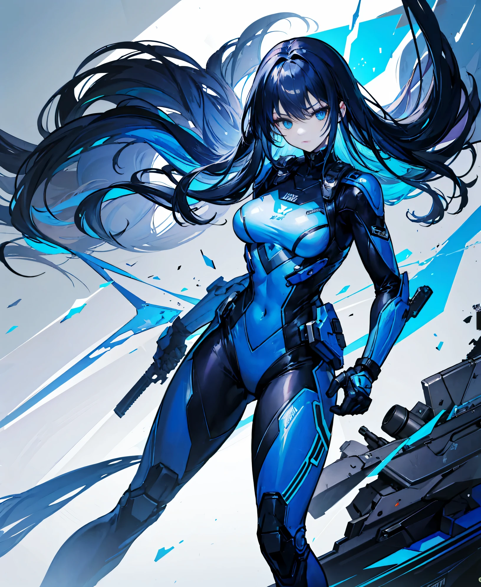 no background,girl,carry a firearm,Enamel-like tight suit,use of firearms,dark blue long hair,attention arousal,blue colored eyes,no gradation