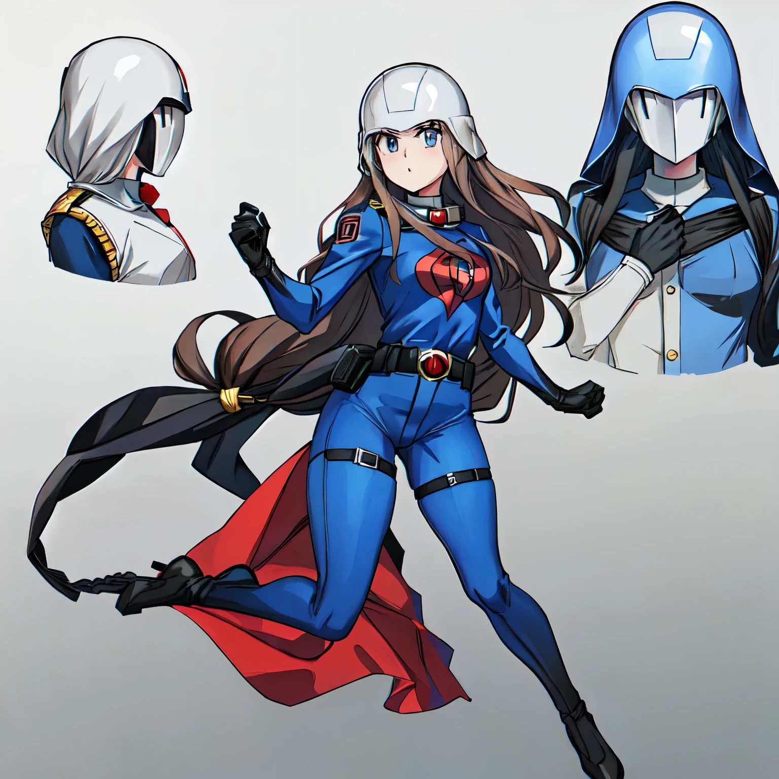 hiiragi_akao, (((pixel-perfect, detail-perfect))), solo, 1girl, hair ornaments, long hair, brown hair, blue eyes, medium chest, collar, obey, Akao Hiiragi, ((gijoe-cc, belt, black gloves, blue bodysuit, superhero, Cotton Fabric, cotton clothing, full bodysuit, red emblem, helmet)) full body, cobra emblem, military, hairclip, commander