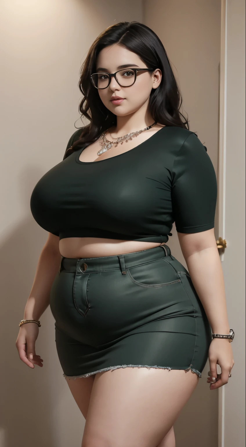((best quality)), ((masterpiece)), (detailed), perfect face, araffe woman in a long dark green shirt and 1/3 white denim skirt walking in black room , thicc, wavy short hair , she has a jiggly fat round belly, bbwchan, wearing tight simple clothes, skinny waist and thick hips, widest hips, her belly is fat and round, soft curvy shape, hyperrealistic full figure, wearing a cute top, wide hips, wearing 10 bracelet , wearing huge diamond necklace , slightly fat cheeks , glasses