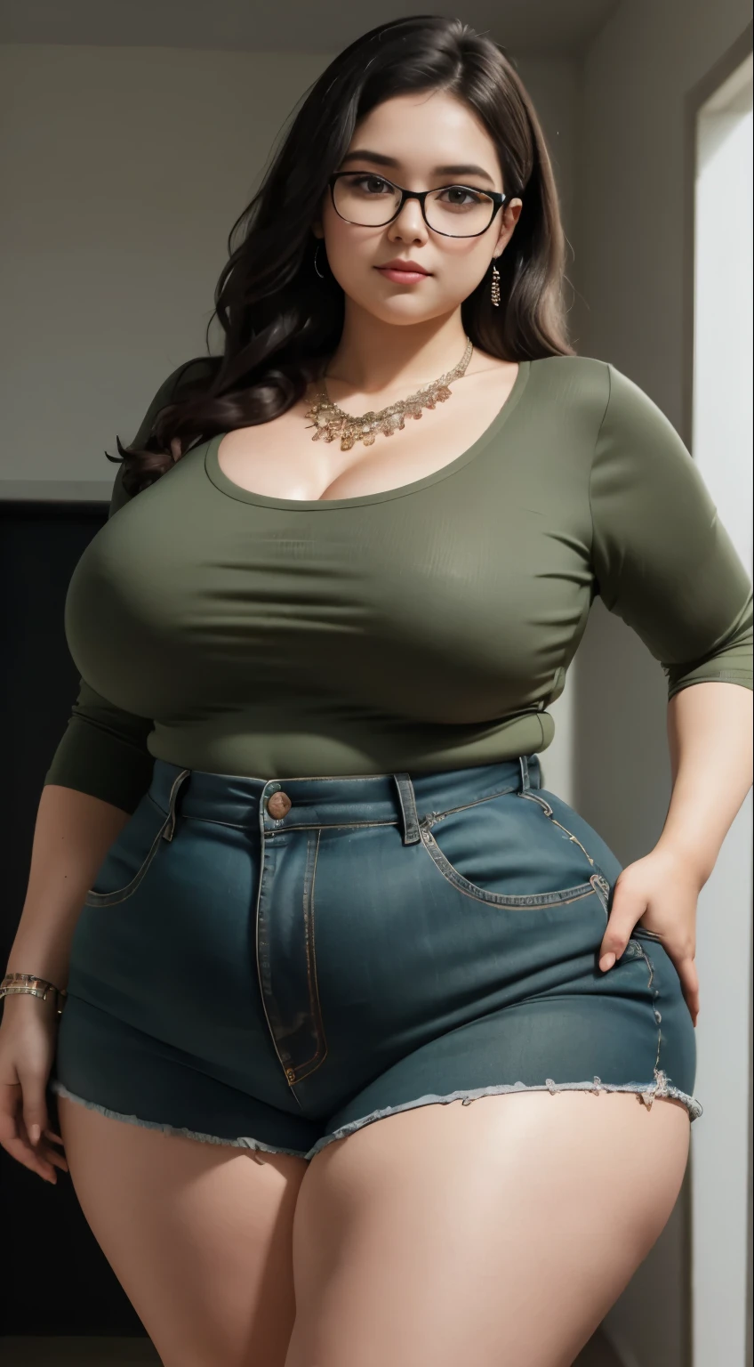 ((best quality)), ((masterpiece)), (detailed), perfect face, araffe woman in a long dark green shirt and 1/3 white denim skirt walking in black room , thicc, wavy short hair , she has a jiggly fat round belly, bbwchan, wearing tight simple clothes, skinny waist and thick hips, widest hips, her belly is fat and round, soft curvy shape, hyperrealistic full figure, wearing a cute top, wide hips, wearing 10 bracelet , wearing huge diamond necklace , slightly fat cheeks , glasses