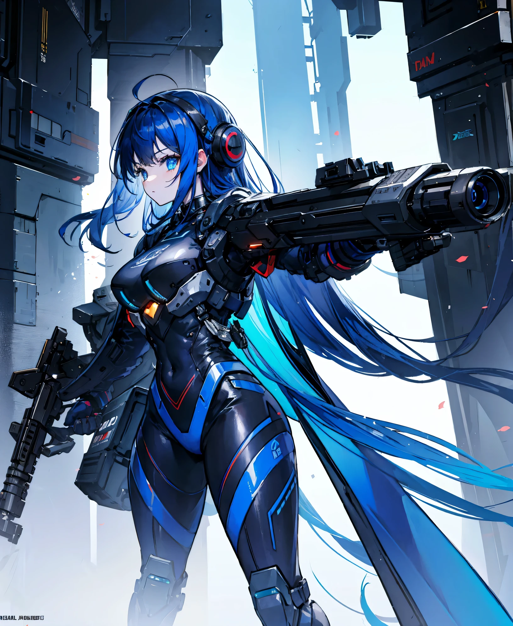 no background，girl，carry a firearm，Enamel-like tight suit，use of firearms，dark blue long hair，attention arousal，blue colored eyes,no gradation