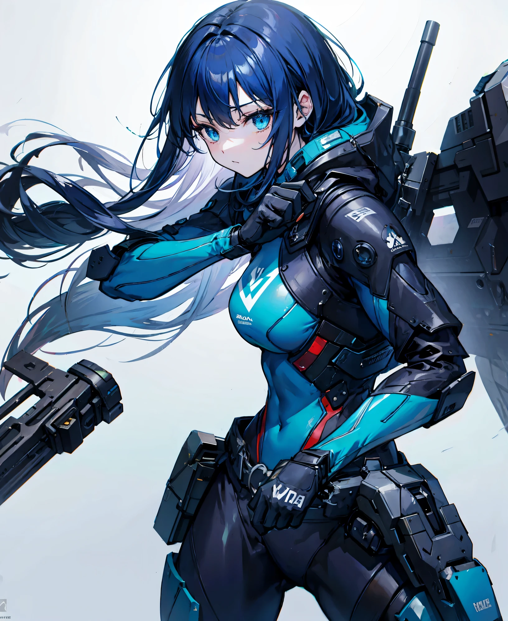 no background,girl,carry a firearm,Enamel-like tight suit,use of firearms,dark blue long hair,attention arousal,blue colored eyes,no gradation