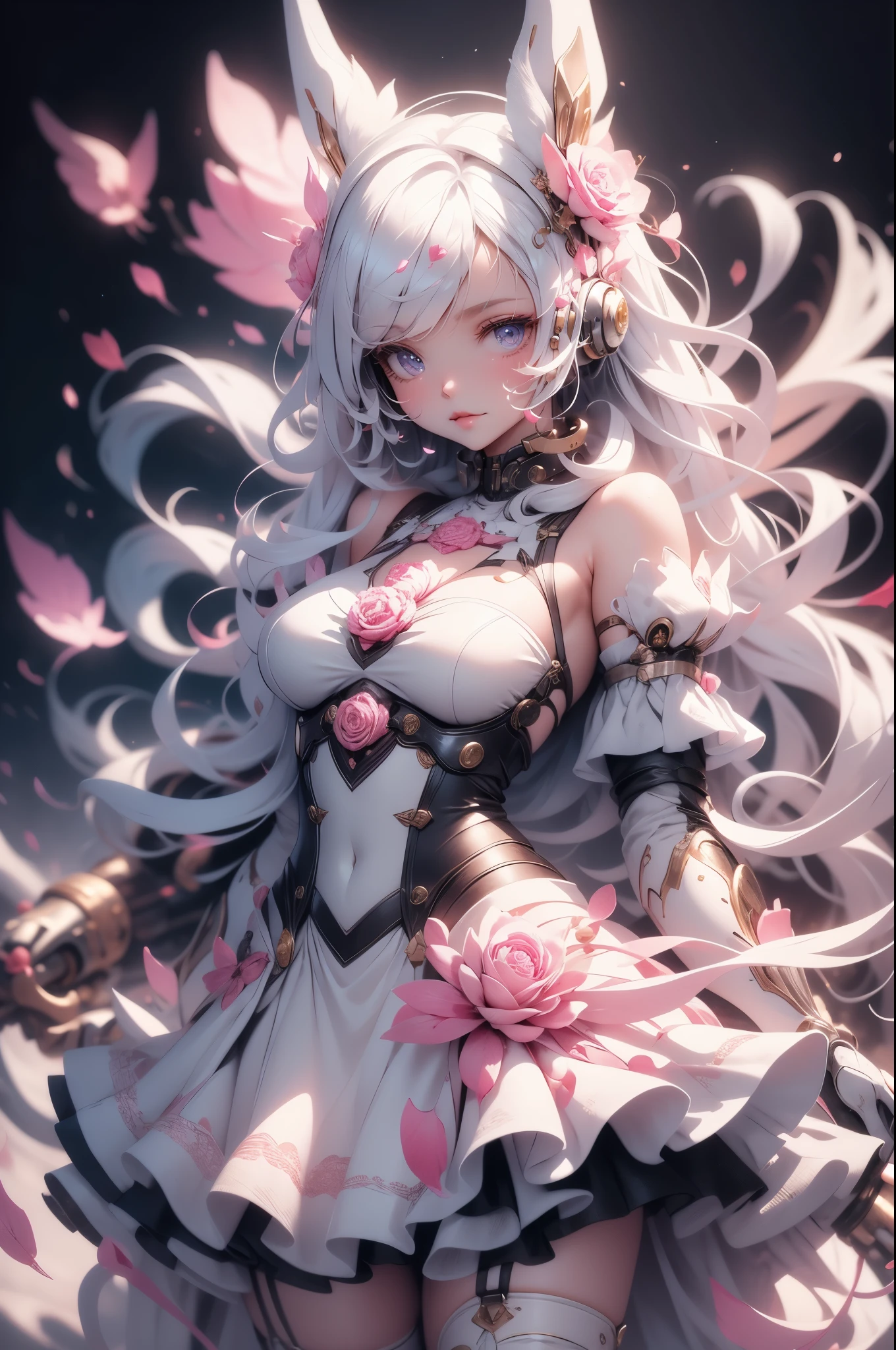 White rose hair ornament、white rose dresini skirt、frills、white hair、red eyes、long legs、Holding a Rapier、beautiful feet、white stockings、white high heels、white corset、white gloves、white choker、detailed face、Super high quality、detailed decoration、8K、Temple Background