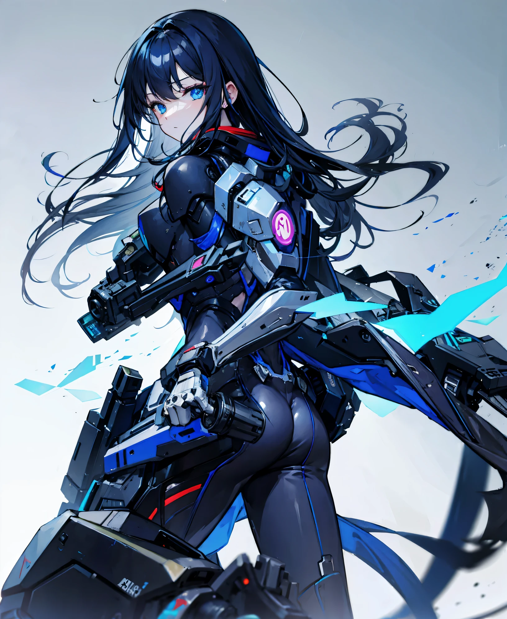 no background,girl,carry a firearm,Enamel-like tight suit,use of firearms,dark blue long hair,attention arousal,blue colored eyes,no gradation