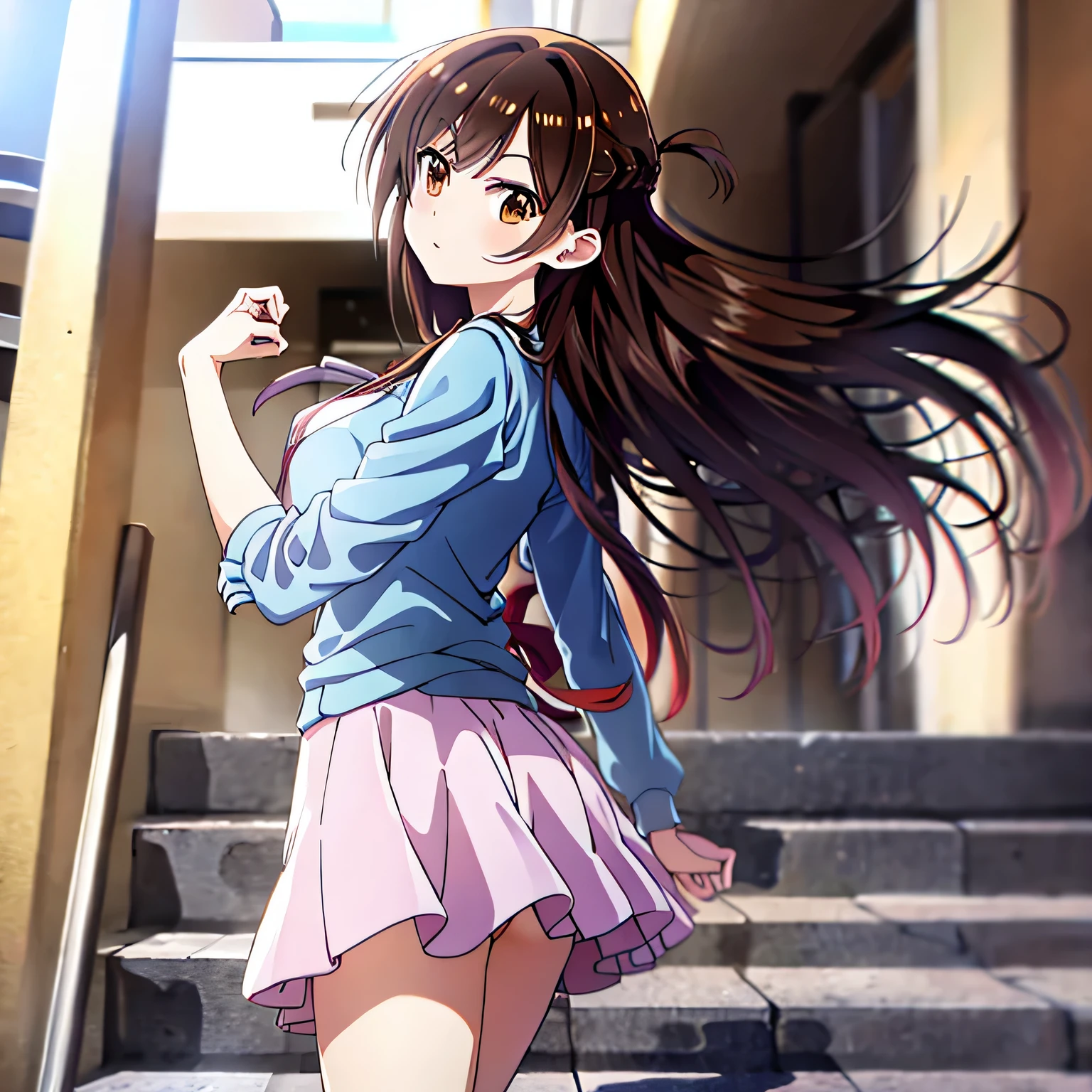 anime style, 1 girl, cute gesture, long legs,While turning around,let your hair flow, Chizuru Mizuhara