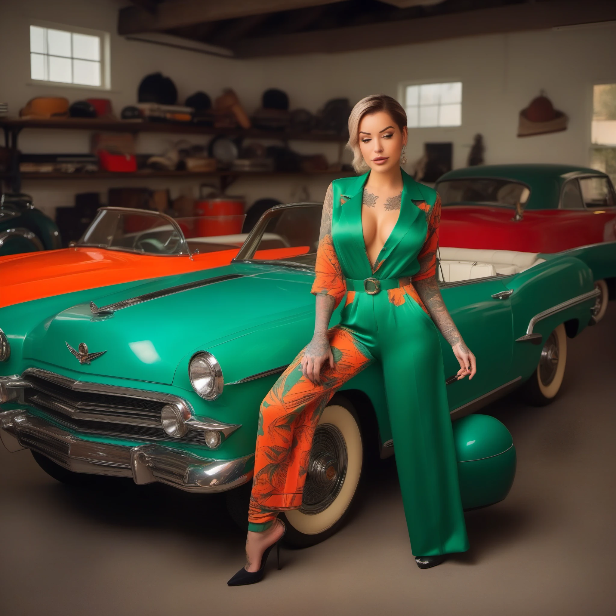 Imagine Laurence in a retro-inspired garage, surrounded by vintage cars and tools. See her dressed in a fitted jumpsuit with bold prints or vibrant colors, her full-body tattoo adding a contemporary edge to the nostalgic setting, blending retro charm with modern flair.