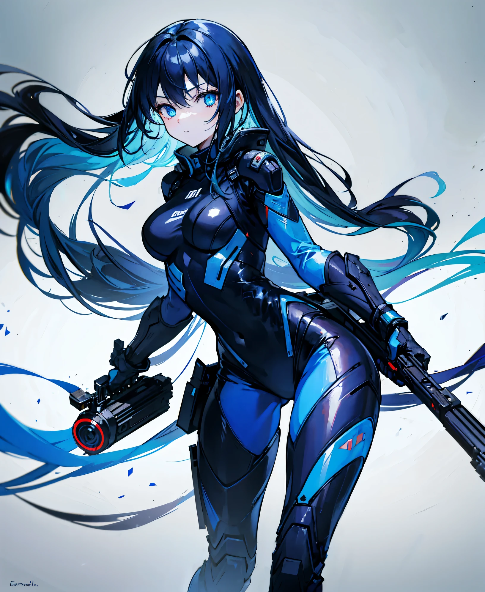 no background，girl，carry a firearm，Enamel-like tight suit，use of firearms，dark blue long hair，attention arousal，blue colored eyes,no gradation