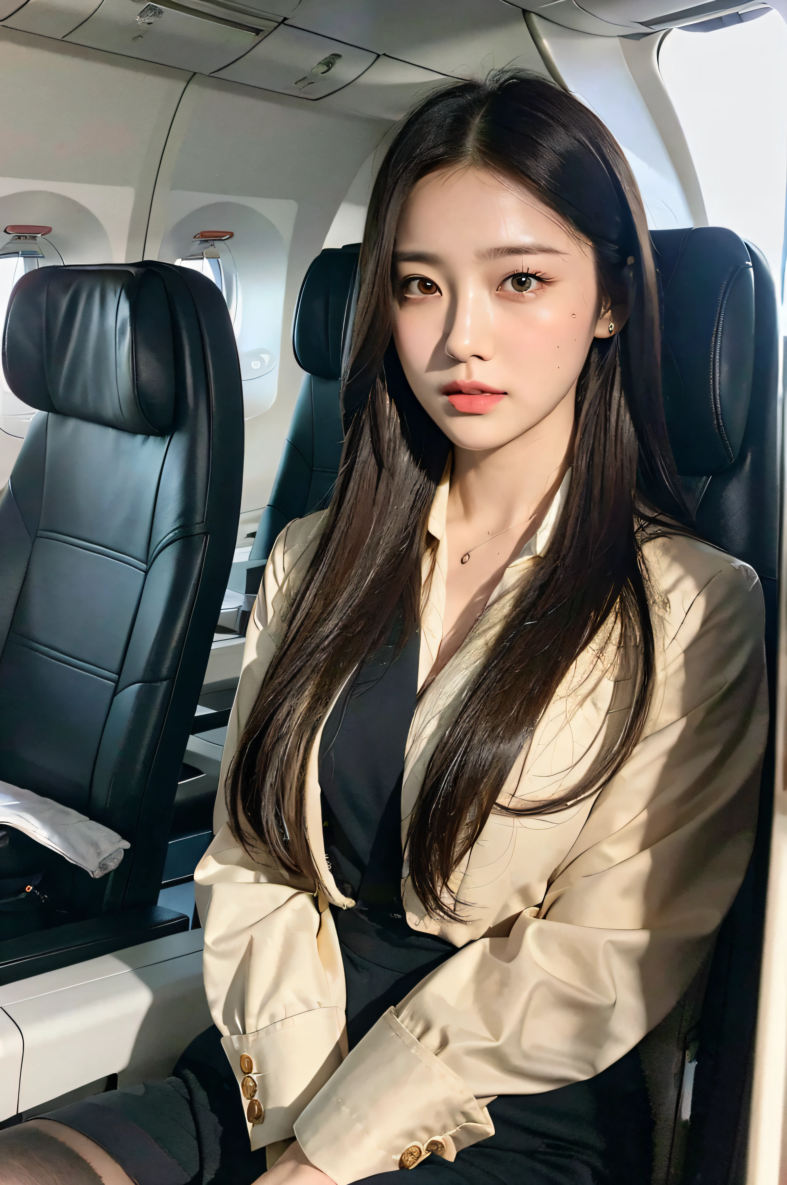 best quality, masterpiece, 8k, ultra high res, (photorealistic:1.4), highly detailed, intricate detail, delicate and beautiful, good lighting, professional lighting, sharp focus, detailed shadows, exquisite details and textures, depth of field, unity 8k wallpaper, cinematic composition, cinematic lighting, official art, Cabin Crew, flight attendant, black pantyhose, (aircraft, (Aircraft Corridor), Aircraft seats) beautiful elegant face, detailed face, detailed eyes, realistic hair, long hair, (1girl), (standing:1.3),