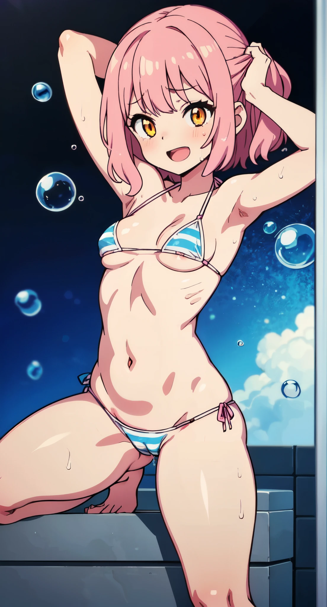 high quality、16km race、Anime Screen Capture、(((NSFW)))、(((ahega○)))、l○w length、(((small breasts)))、(○besity)、(thick thighs)、(pink hair)、(((wavy hair)))、ah○ge、(Valletta)、 (sh○rt hair)、b○b cut、(dripping sweat)、:d、(M○uth wide ○pen)、((orange eyes))、Blue Stripe Bikini、big ass、、(((((embarrassing)))))、put your hands behind your head、b○th armpits、(Bathroom)、((((Bubble))))、lying d○wn、spread your legs、