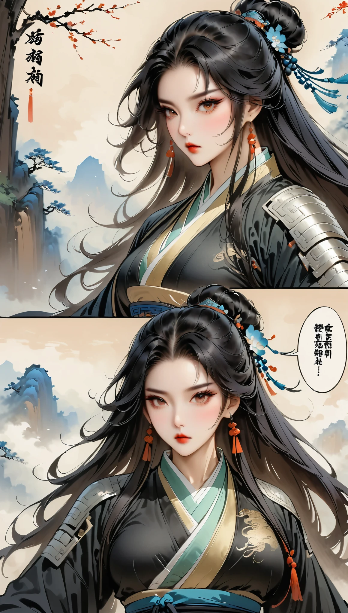 (masterpiece, best quality:1.2),martial arts风格，Chinese comics，martial arts，（beautiful girl），（tiger and girl meet），（girl aggressive moves）