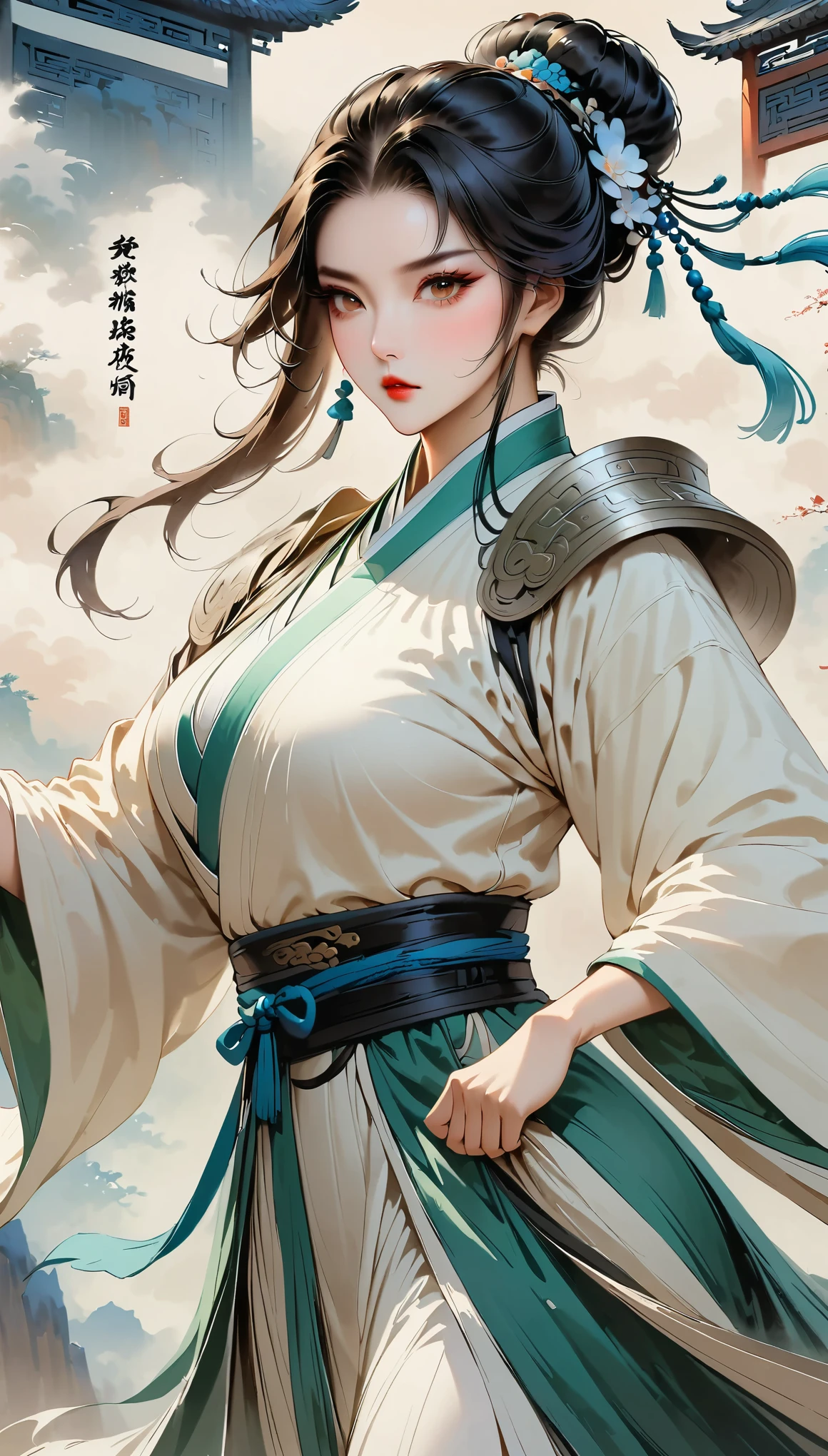 (masterpiece, best quality:1.2),martial arts风格，Chinese comics，martial arts，attack action，Gaze at the viewer，1 girl，black hanfu，red waistband，flowing skirt，tiger，ink：1.37