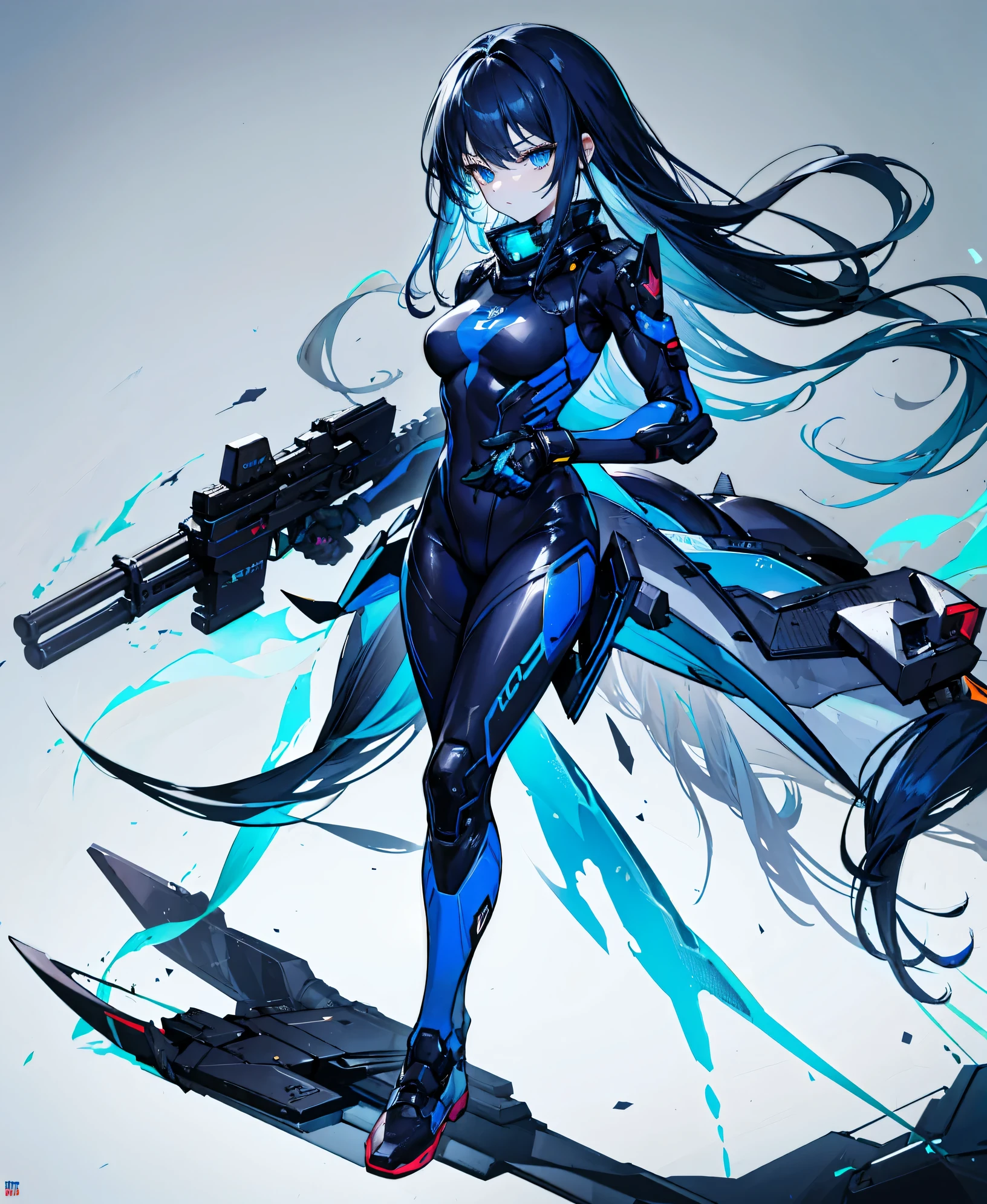 no background,girl,carry a firearm,Enamel-like tight suit,use of firearms,dark blue long hair,attention arousal,blue colored eyes,no gradation