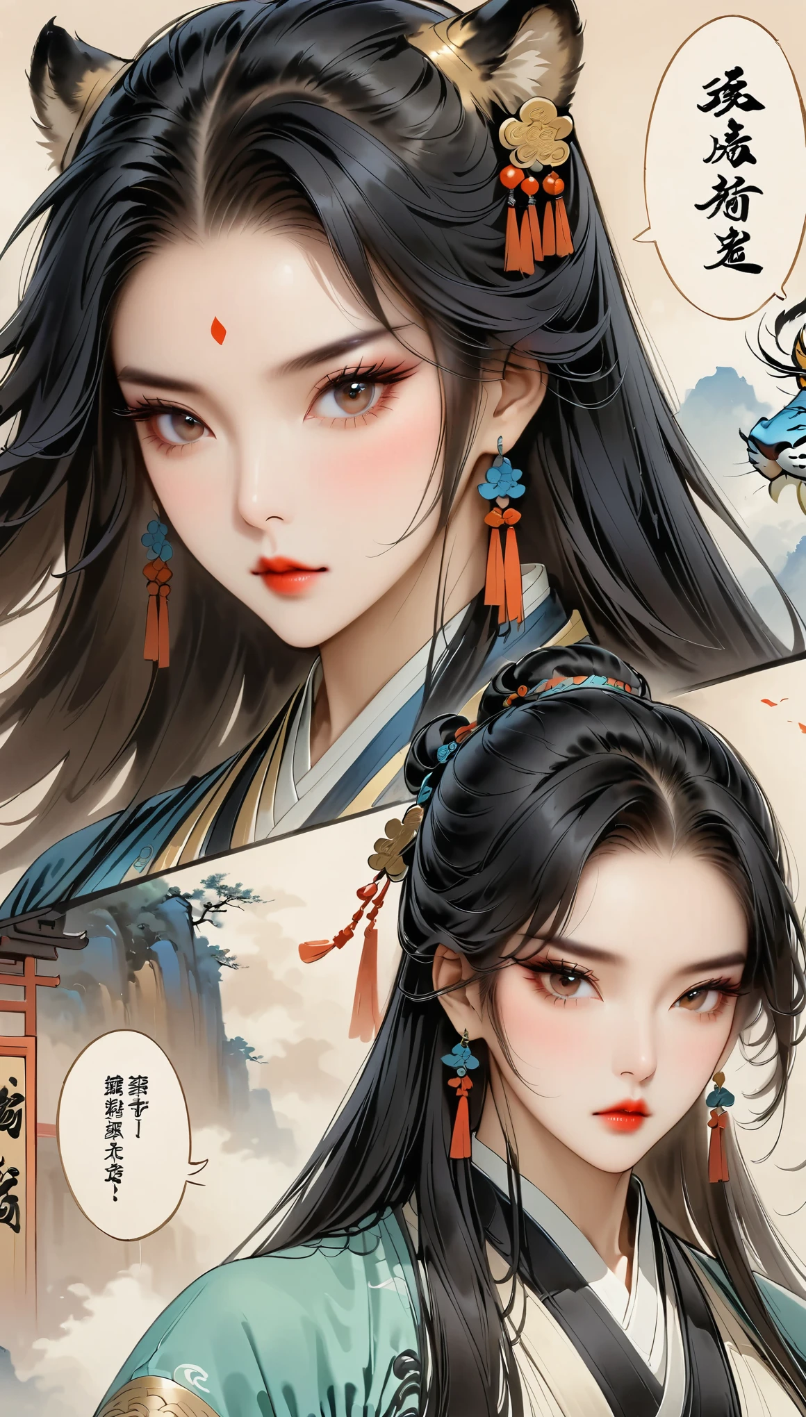 (masterpiece, best quality:1.2), female general,armor,tiger:1.37,black hanfu,elegant,simple,Ink martial arts style,Chinese elements,comics,Black ink-splashed background