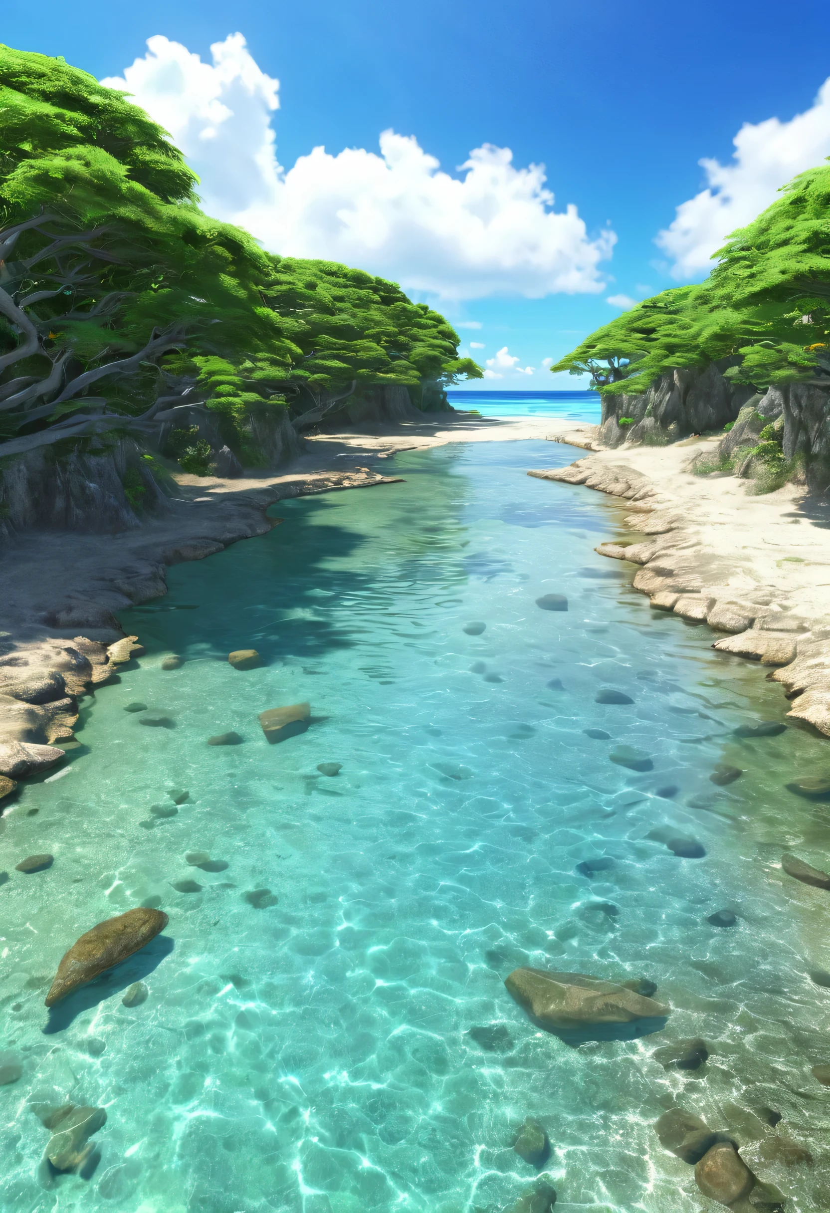 terrain, summer, sky, Okinawa, private beach, creek, sea, Unmanned, beach, no one, hot weather, sun, HD details, Ultra details, movies, hyperrealism, soft light, deep focus,Ray Tracing,
