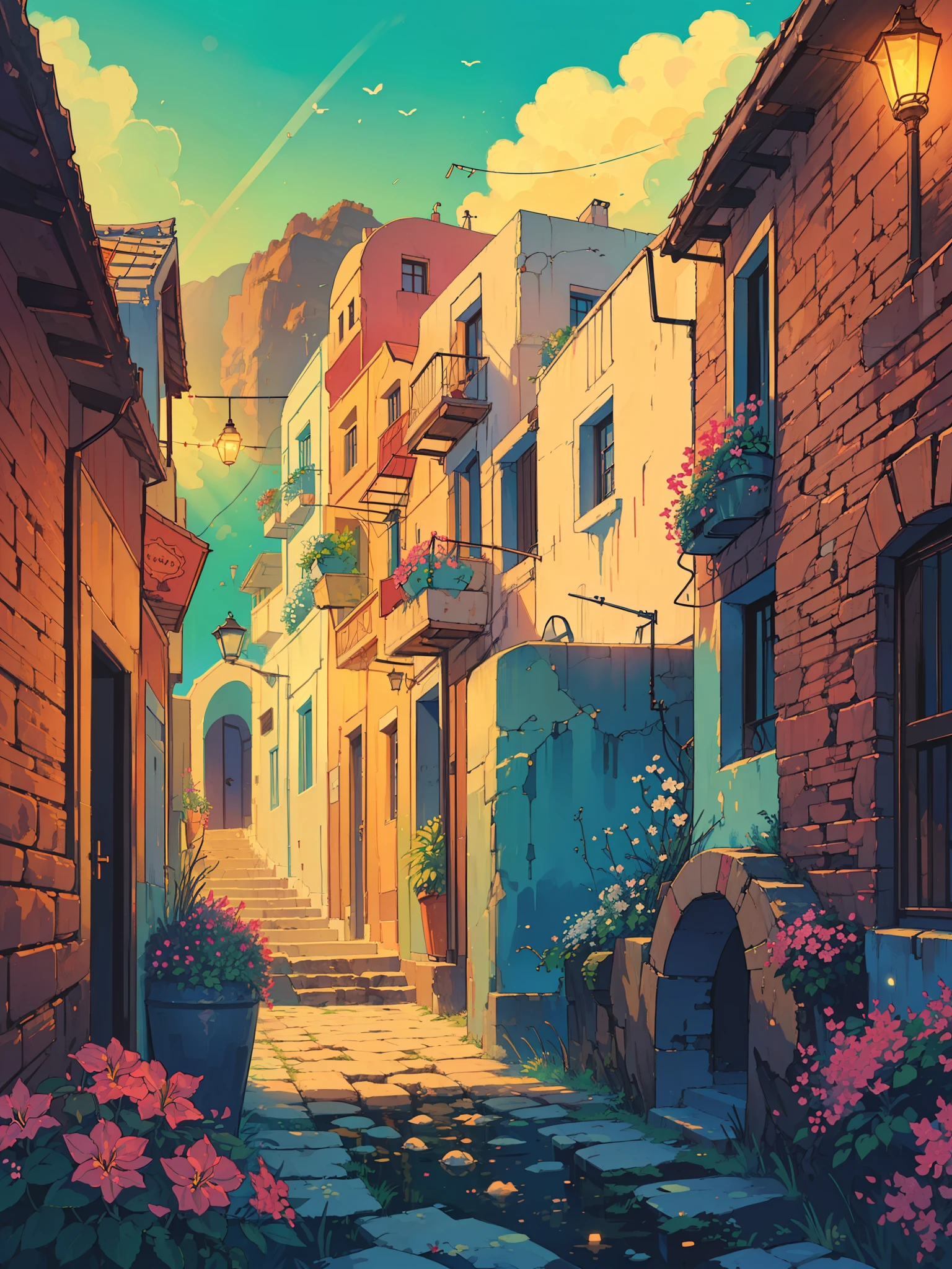 (masterpiece:1), (wide view:1.8),(beautiful alley of Santorini:1.5), (nature:1.3), (day time:1.6), (Bougainville flowers:1.65), silence, (plant pots:1.5), (shadow:1.5), (rice lights:1.7), (bright light:1.5), magnificent sky, (downhill:1.6), (blue and white architecture:1.6), (cozy colors:1.6), (volumetric light:1.2), peaceful, (address plate:1.4), (blue sky:1.5),(sea nearby:1.3), (calmness:1.3), (ambient light:1.5), (scenery:1.4), (beautiful aesthetics:1.2), (landscape:1.5), (sunlight falling on wall:1.4) beautiful tones, subtle colors, peaceful, (illustration: 1.0), epic composition, realistic lighting, (no human:1.6), HD details, masterpiece, best quality, ,