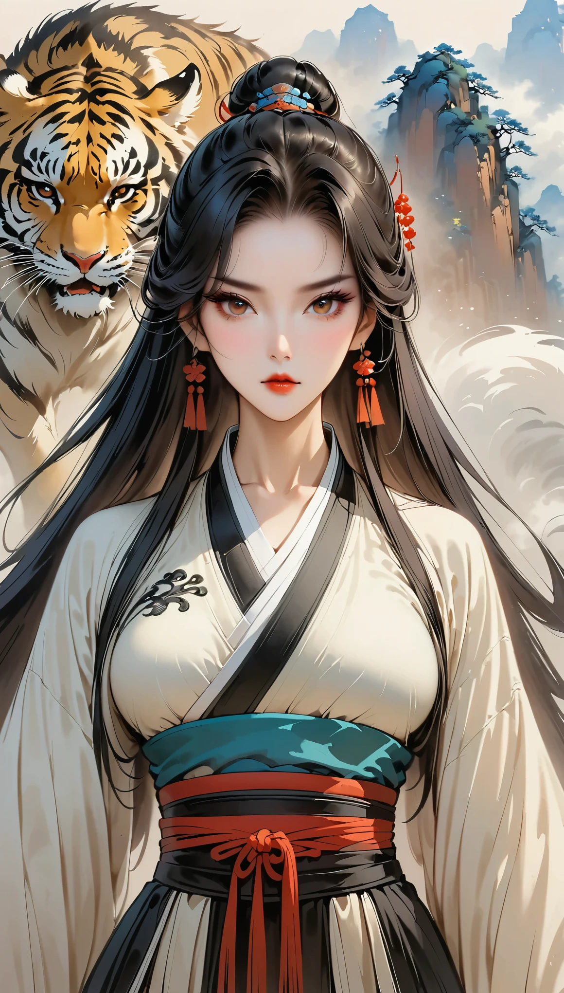 (masterpiece, best quality:1.2),martial arts风格，Chinese comics，martial arts，attack action，Gaze at the viewer，1 girl，black hanfu，red waistband，flowing skirt，tiger，ink：1.37