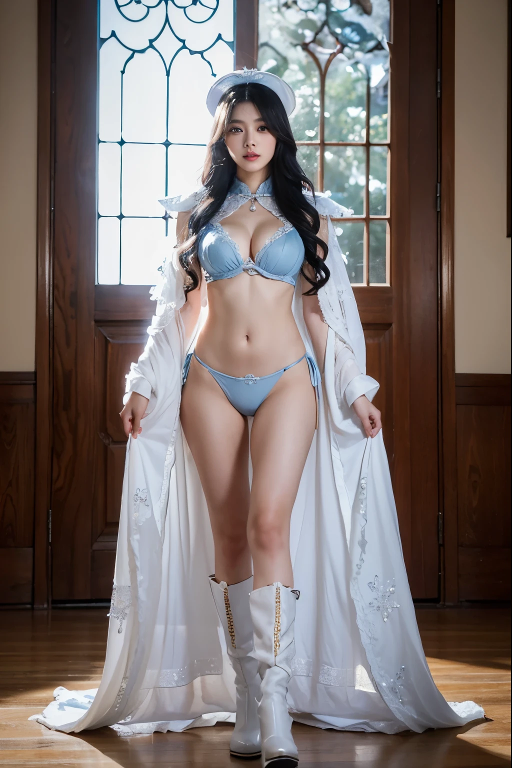 beautiful and delicate woman,The details of the eyes and face are very rich, exquisite eyes, super detailed, High resolution, The content is very detailed,best quality,EnLightenment,Unite,8k wallpaper,masterpiece,best quality,imagine,1 girl,China costume, Wear sexy blue bikini armor,metal style, Super big breasts, big breasts, high-cut underwear, 盔甲有圖案metal style的, Big blue priest cloak,priest hat,standing posture,long legs,Put on powder blue and white boots,look at the audience,Face the audience,flowing long hair,Surreal 8000g,Impeccable,masterpiece,professional artwork,famous artwork,Light,movie bloom,perfect face,pretty face,fantasy,Dreamy and magical,not real,intricate details,Exquisite pattern…Korean woman’s face