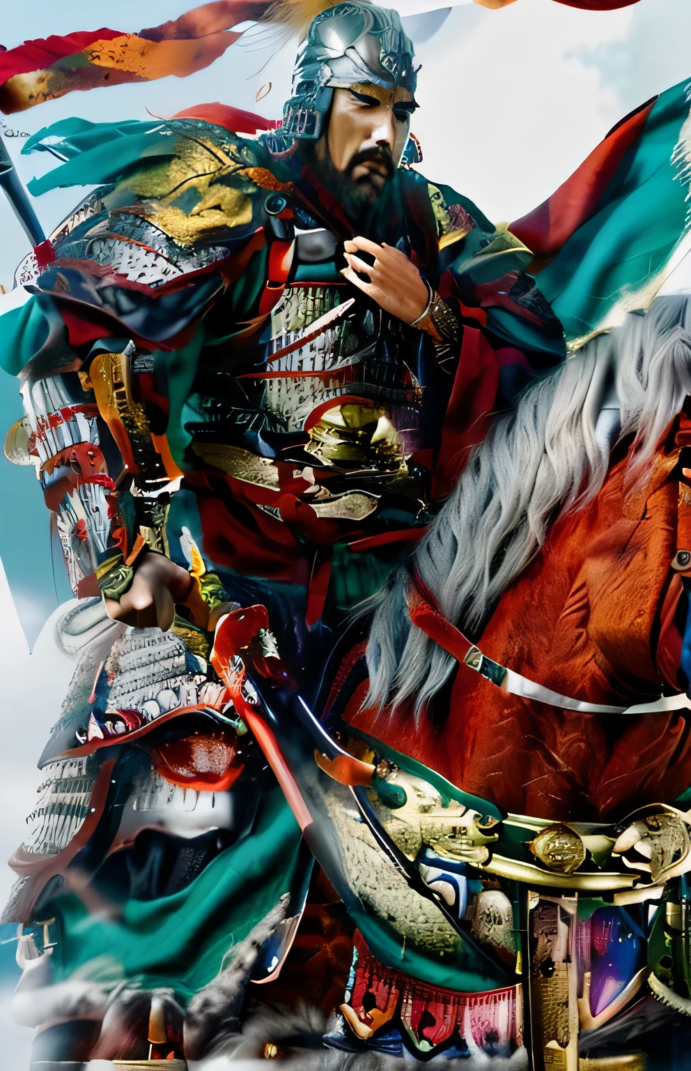 Realistic rendering, Excellent, (Full set of samurai armor), (cuirassier), (Cloak), (Samurai at the helm),General of the Three Kingdoms, Guan yu, Riding a red war horse，Wearing a turquoise robe，Golden armor，green cover，Holding a silver-white shining knife in his hand，There is a quiver at the waist，Powerful and domineering close-up photos, Epic full color illustrations, 