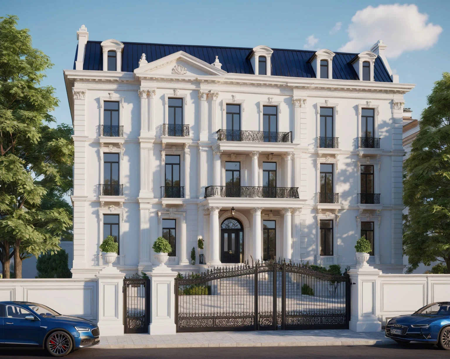 RAW photo, masterpiece, arafed house with a car parked in front of it, neo - classical style, rendered in lumion pro, classicism style, classicism artstyle, lumion render, rendered in lumion, architectural visualization, neoclassical style, in style of classicism, white light sun, rendered in vray, rendered in v-ray, rendered in unreal engine 3d, (photorealistic:1.2), best quality, ultra high res, exterior, architechture,modern house,(white wall:1.5), (detail gate black:1.4), (photorealistic:1.5), best quality, ultra high res, exterior,architechture,neoclassic house,(white wall:1.2), (detailed reliefs:1.2), (The front 1st floor has 4 windows), (the right side 1st floor has 4 windows), (the main side has three-step stairs), (the right side has three-step stairs) ,glass windows,,trees,traffic road, blue sky,in the style of realistic hyper-detailed rendering, luxury neoclassical villa, in the style of neoclassical scene, glass windows, (white navy roof:1.2), best quality, (straight strokedetail:1.1) roof top, (Intricate lines:1.5), ((Photorealism:1.5)),(((hyper detail:1.5))), archdaily, award winning design, (dynamic light:1.3), (night light:1.2), (perfect light:1.3), (shimering light :1.4),  refection glass windows, (curved line architecture arch:1.2), trees, beautiful sky, photorealistic, FKAA, TXAA, RTX, SSAO, Post Processing, Post-Production, CGI, VFX, SFX, Full color,((Unreal Engine 5)), Canon EOS R5 Camera + Lens RF 45MP full-frame CMOS sensor, HDR, Realistic,8k,((Unreal Engine 5)), Cinematic intricate detail, extreme detail, science, hyper-detail, FKAA, super detail, super realistic, crazy detail, intricate detail, nice color grading, reflected light on glass, eye-catching wall lights, unreal engine 5, octane render, cinematic, trending on artstation, High-fidelity, Viwvid, Crisp, Sharp, Bright, Stunning, ((Lifelike)), Natural, ((Eye-catching)), Illuminating, Flawless, High-quality,Sharp edge rendering, medium soft lighting, photographic render, detailed archviz