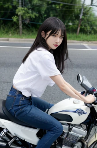 best quality, detailed, beautiful, insanely detailed, absurdres,perfect anatomy,
Japanese woman,black hair,27 years old,
(slender),
(small breasts),
full body shot, Riding a motorcycle in a forward leaning position, speeding down a straight road, (dynamic angle:1.3)