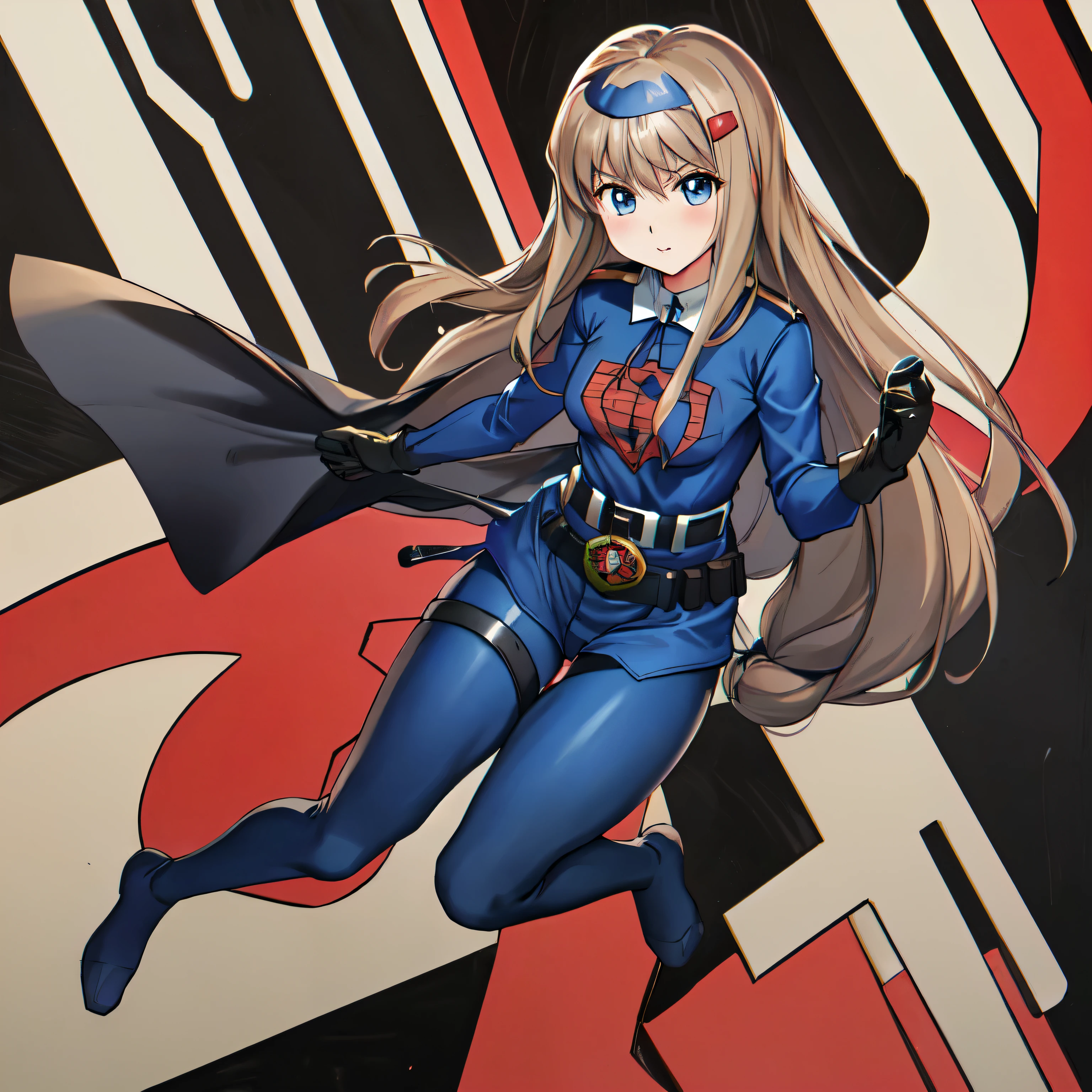 hiiragi_akao, (((pixel-perfect, detail-perfect))), solo, 1girl, hair ornaments, long hair, brown hair, blue eyes, medium chest, collar, obey, Akao Hiiragi, ((gijoe-cc, belt, black gloves, blue bodysuit, superhero, Cotton Fabric, cotton clothing, full bodysuit, red emblem, helmet)) full body, cobra emblem, military, hairclip