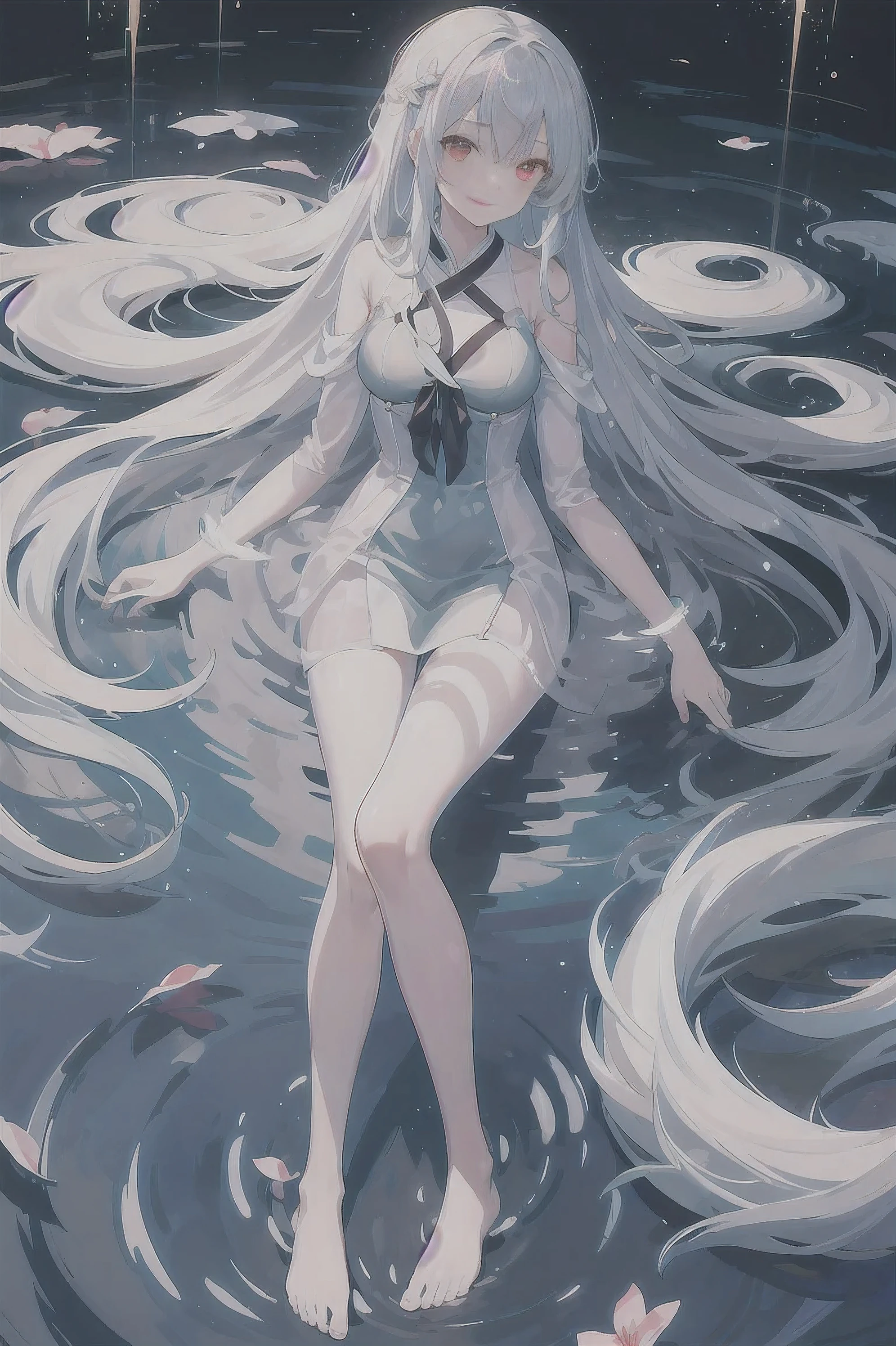 Dreamy and beautiful moonlight in the dark forest。View of a  from above。(wet silver hair and red eyes)。smile slightly。She wore only a long transparent white cloth with beautiful lace trim。Soak the cloth in water。(splashing in the dark forest lake at night)。(Hair or clothes are wet)。splash。Wet strands of hair。dripping water drops。Fantasy fireflies float in the air、Light also reflects from water。near method and far method。glitter effects。Dynamic composition with depth。extremely high quality、High level of image quality、extremely delicate。Rare workmanship，round,Room, firm breasts），barefoot，float，water surface，（long legs，long legs，long legs，Gestalt），full-body shot。posture lying